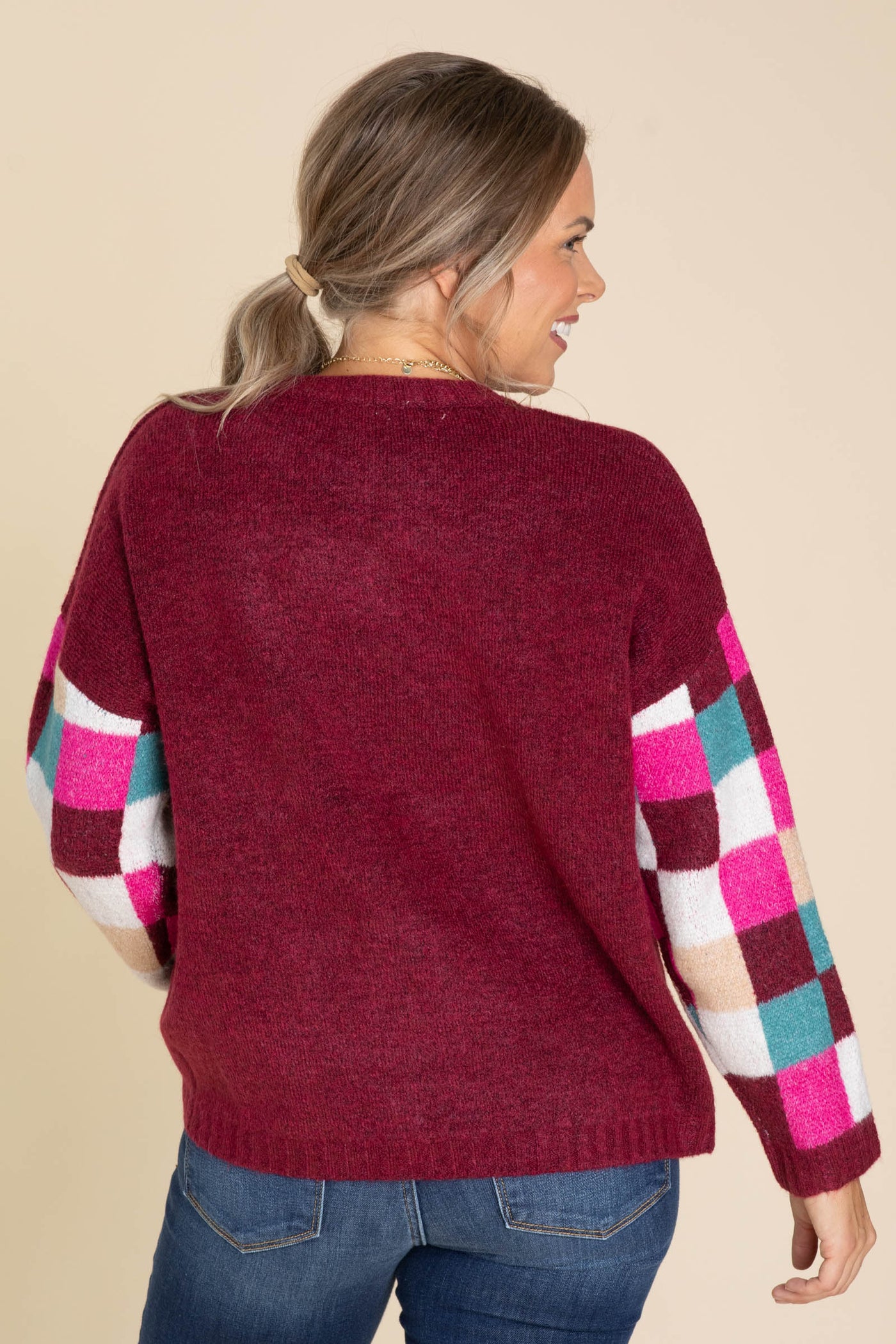 Maroon Colorblock Sleeves Sweater