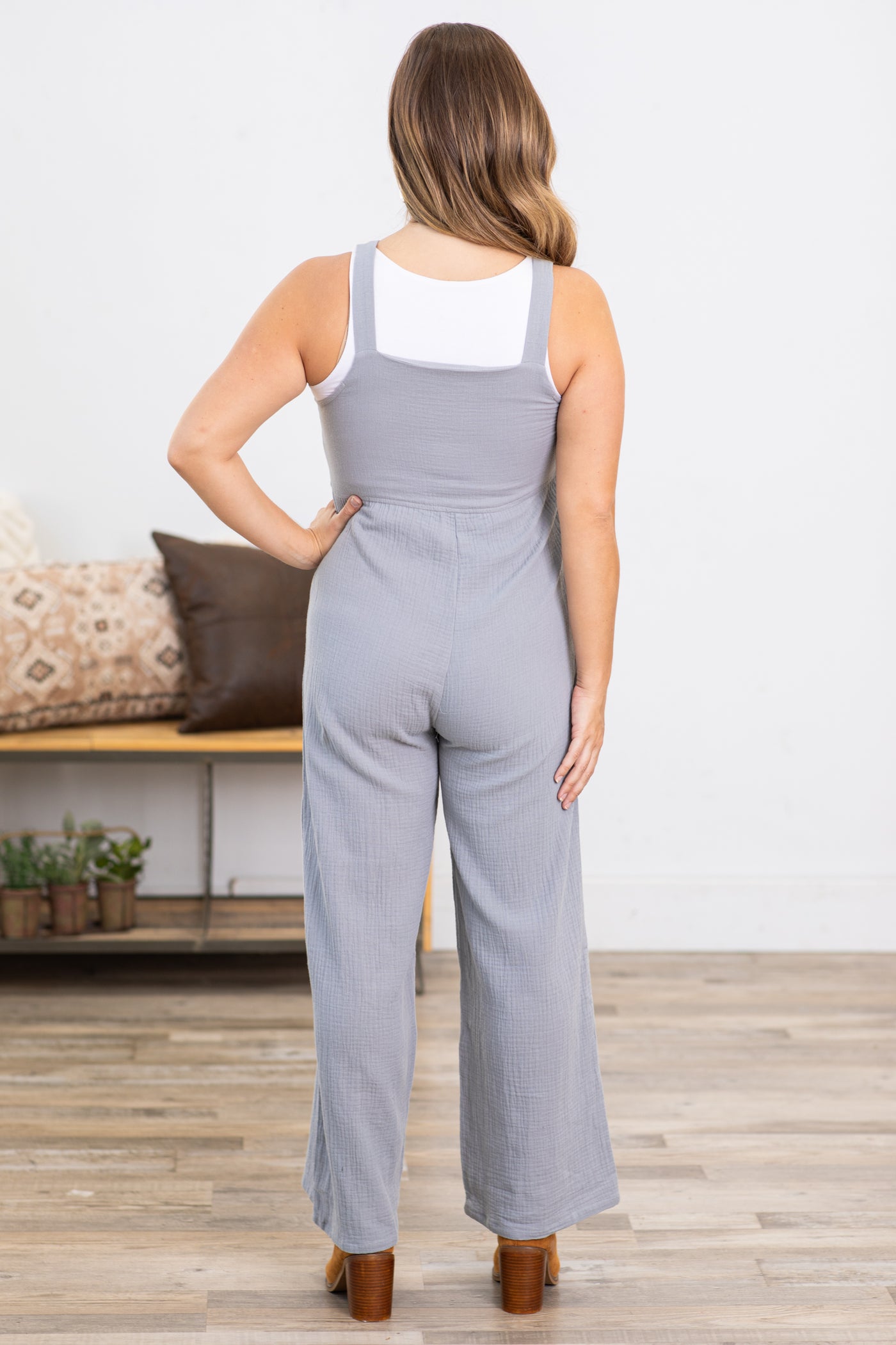 Grey Textured Wide Leg Overalls With Pockets