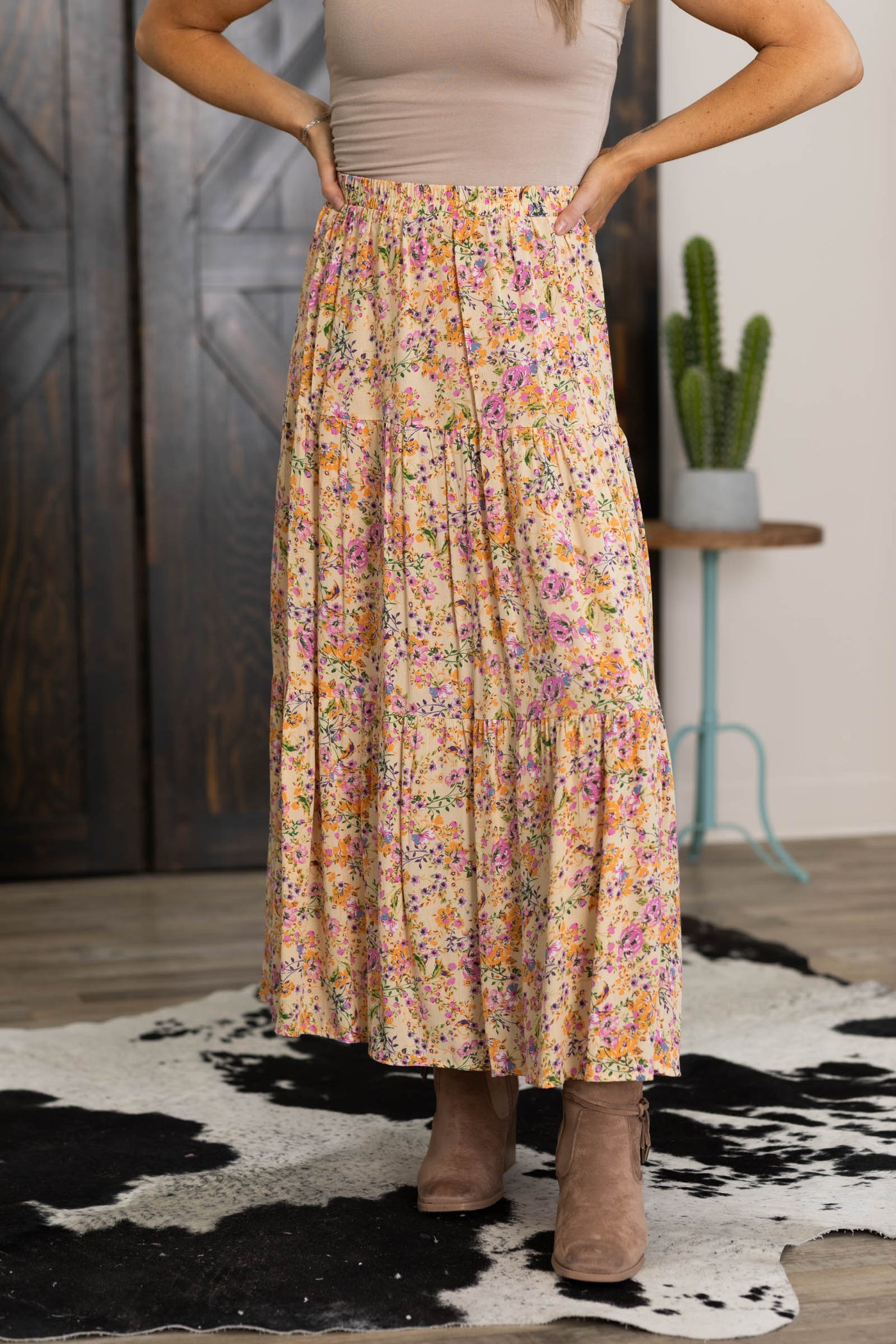 Cream Yellow Floral Elastic Waist Maxi Skirt