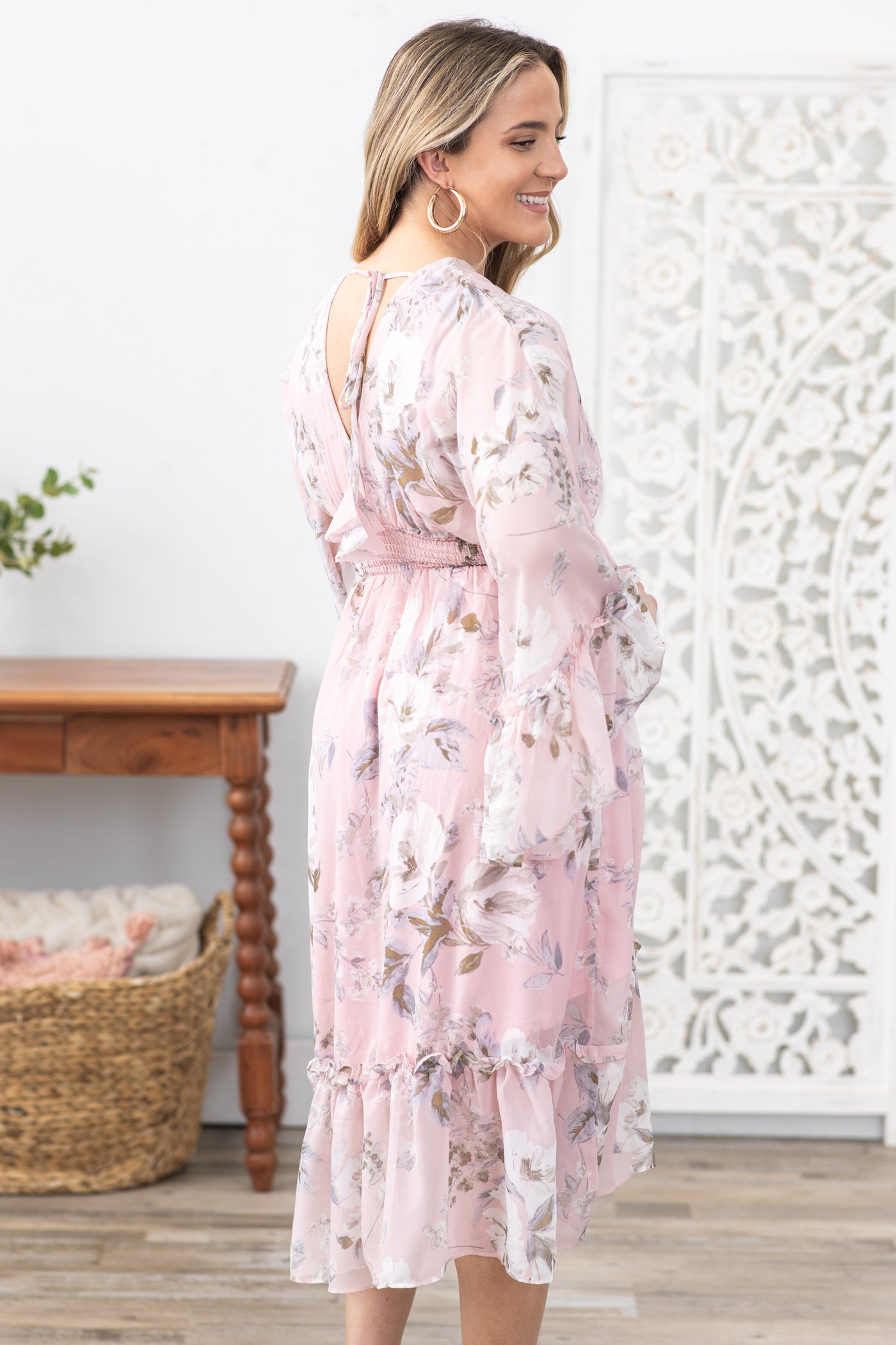 Blush Floral Print Dolman Sleeve Midi Dress