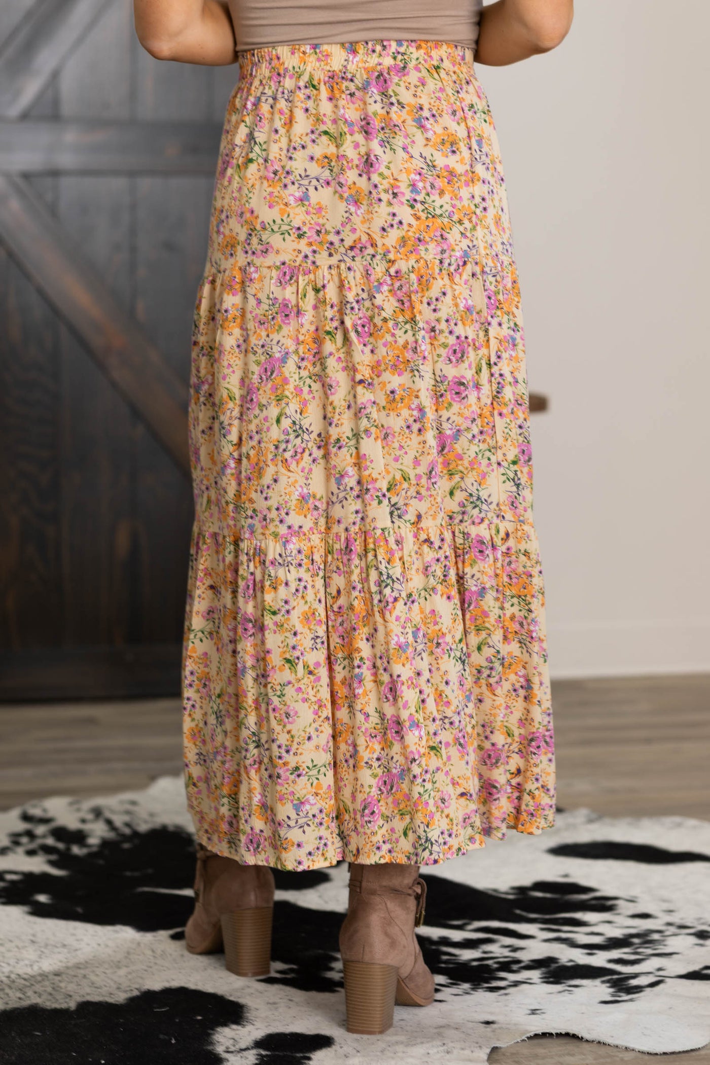 Cream Yellow Floral Elastic Waist Maxi Skirt
