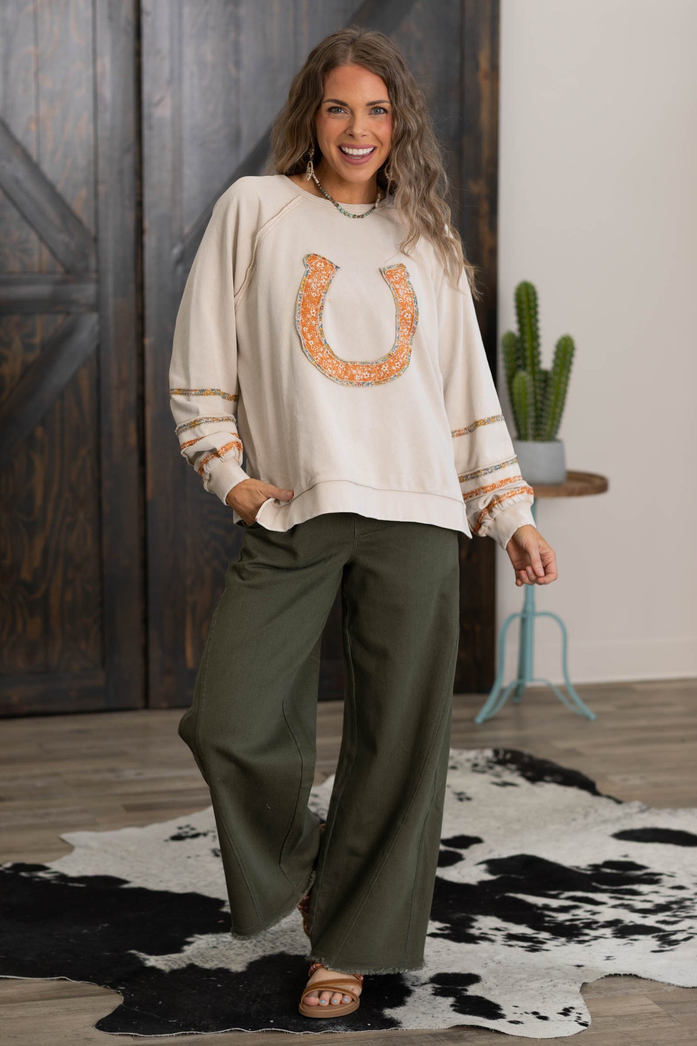 Light Mocha Floral Horseshoe Patch Top