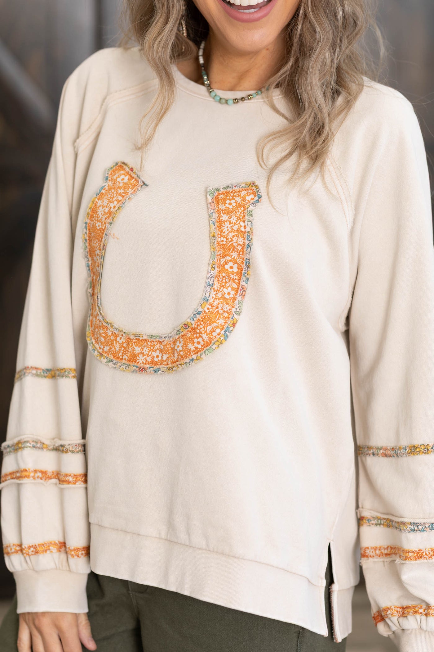 Light Mocha Floral Horseshoe Patch Top