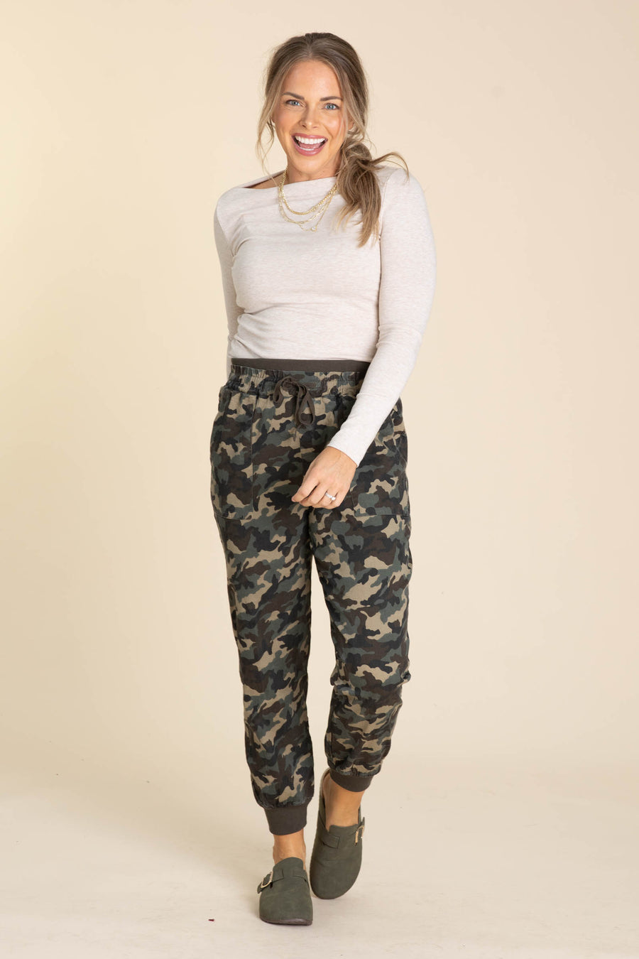 Dark Olive Elastic Rib Contrast Camo Joggers