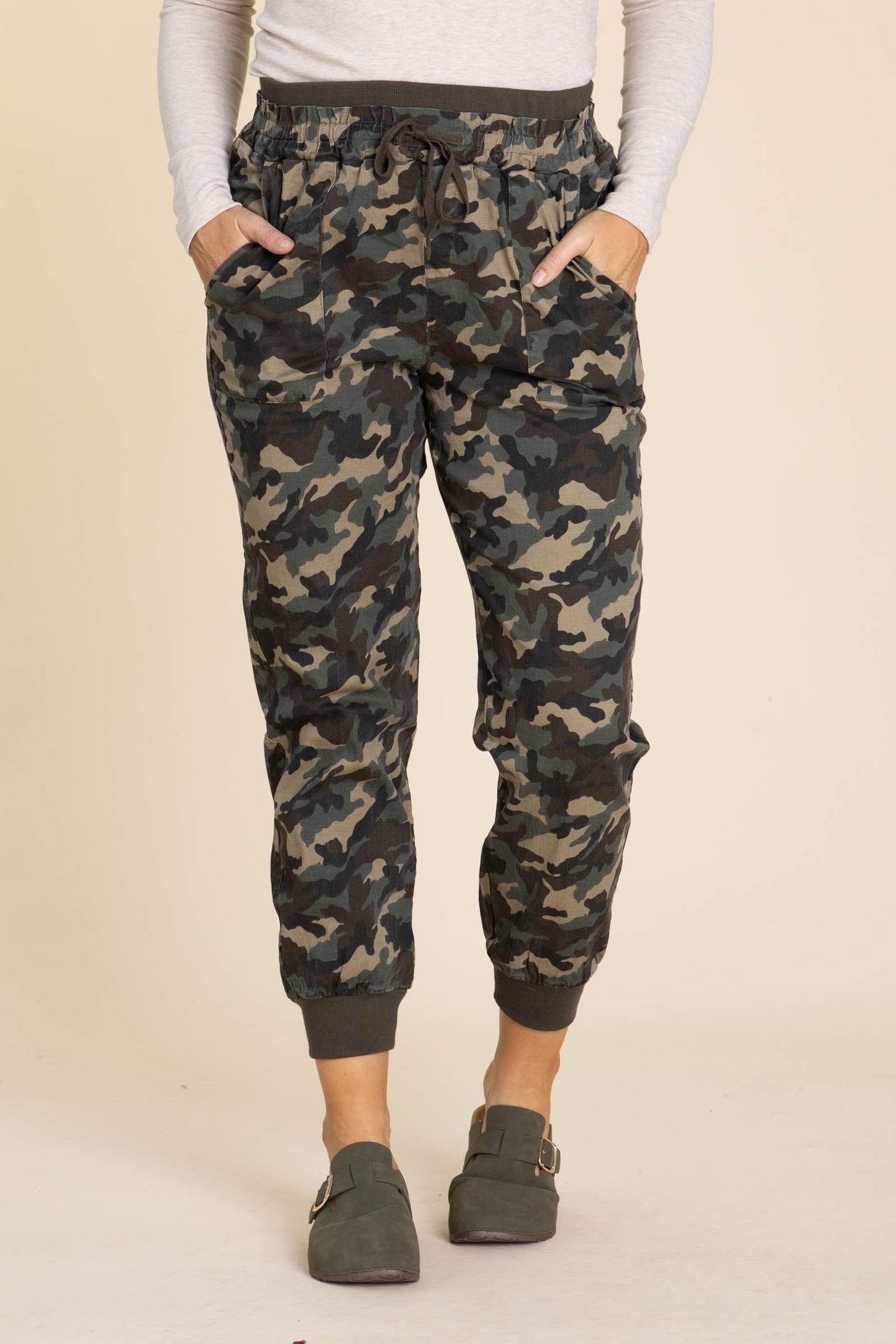 Dark Olive Elastic Rib Contrast Camo Joggers