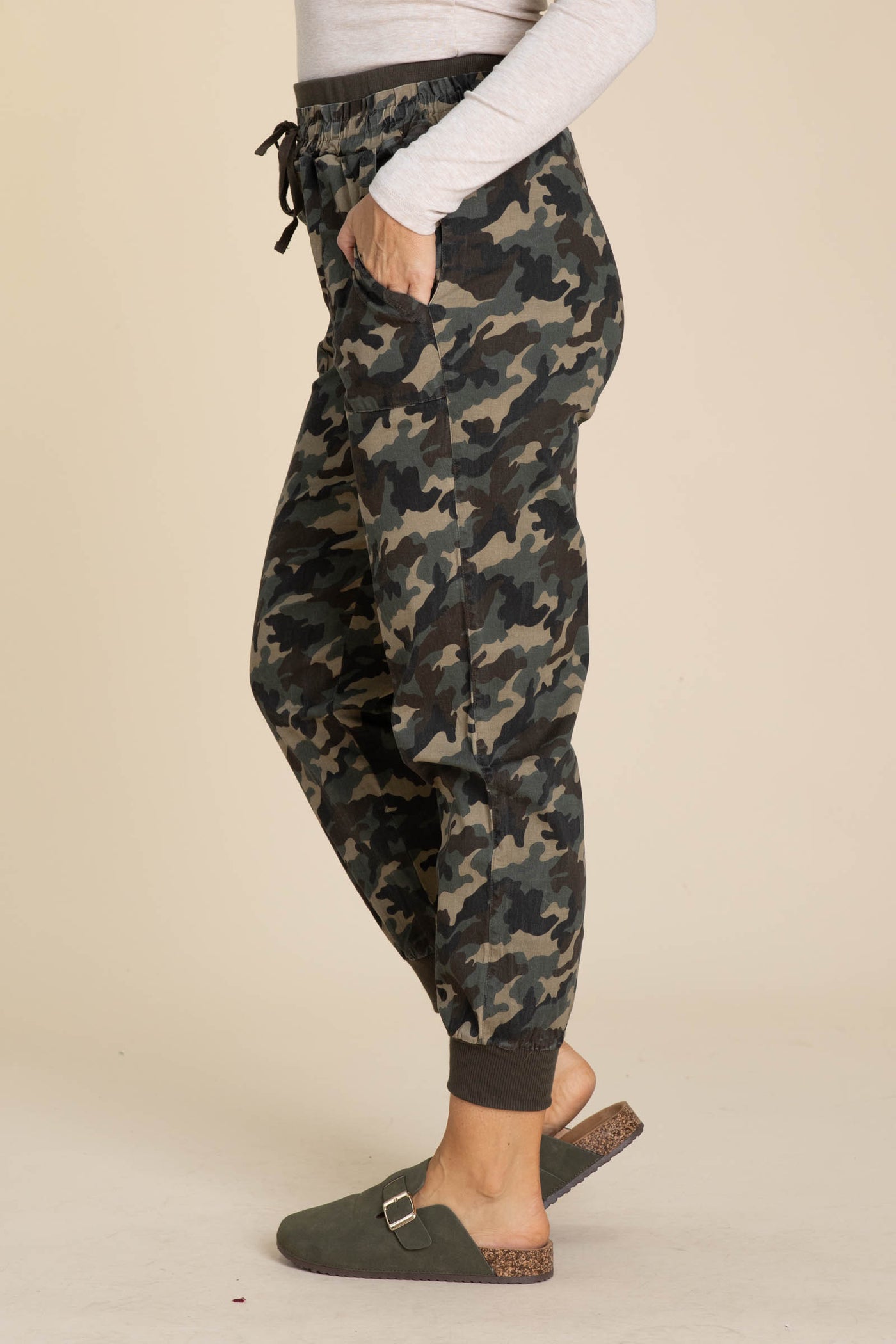 Dark Olive Elastic Rib Contrast Camo Joggers