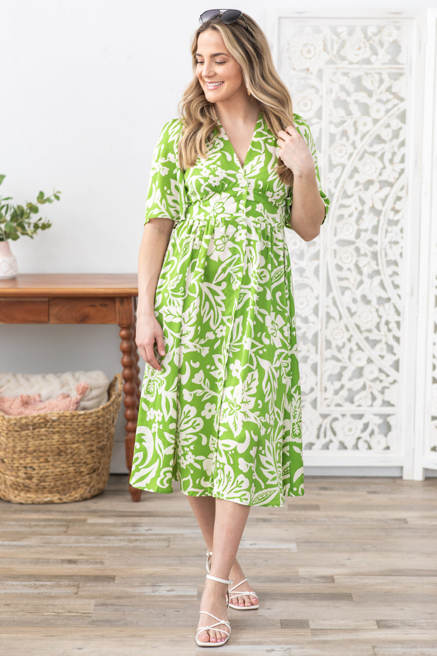 Light Green Paisley and Floral Midi Dress