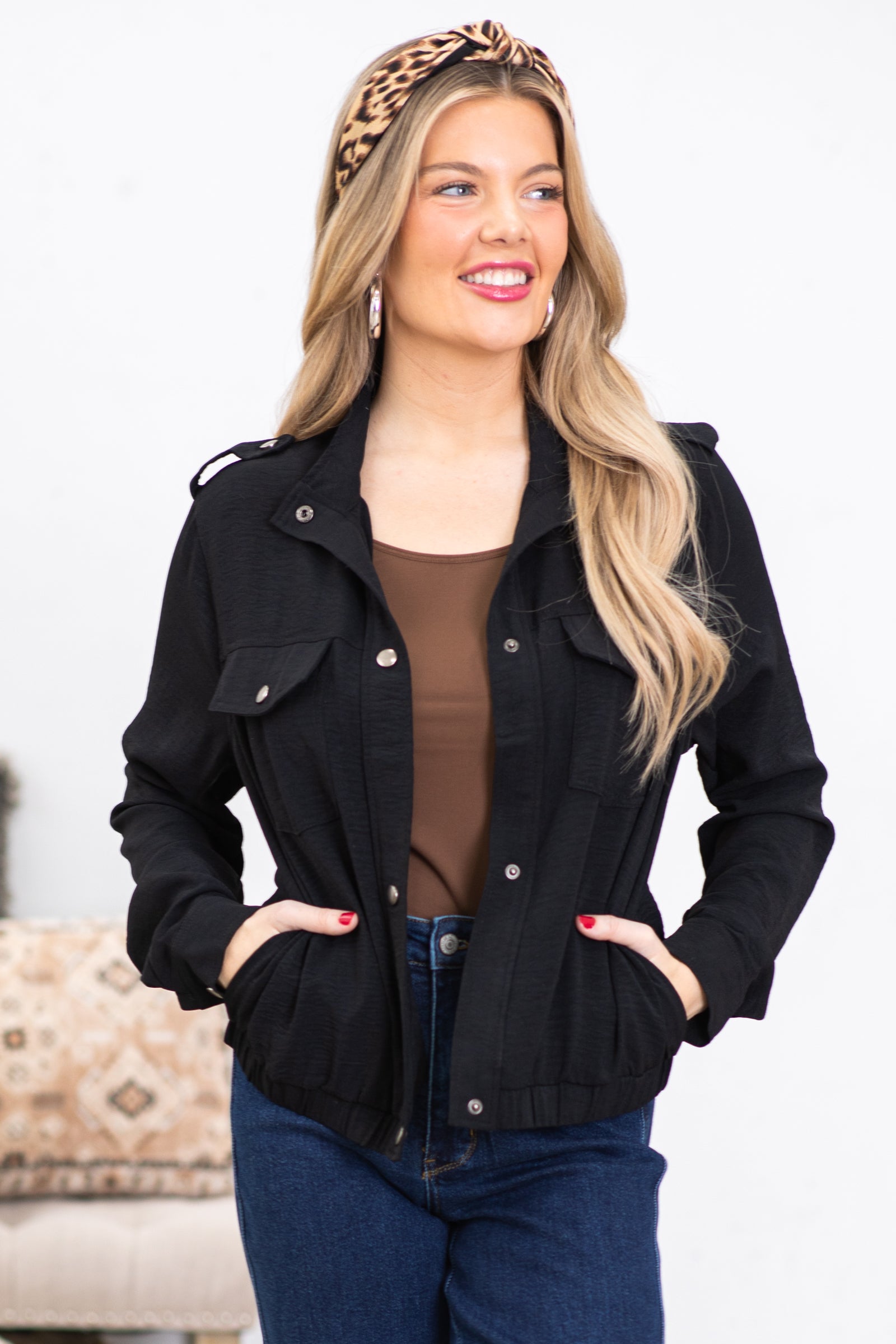 Black Snap Button Jacket With Chest Pockets