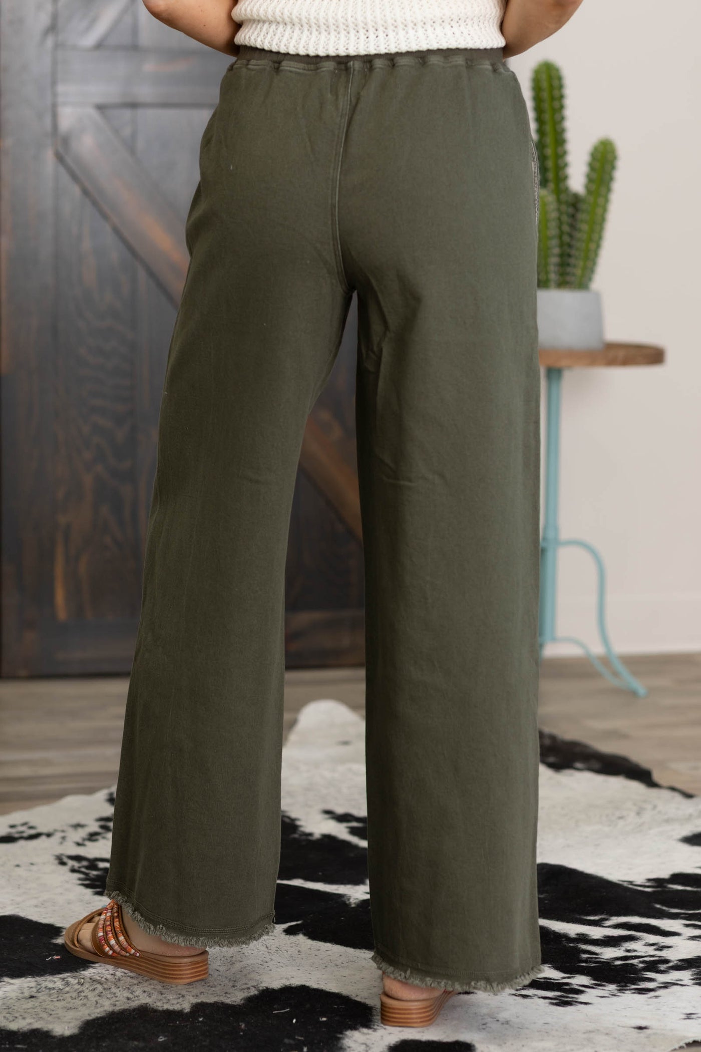 Dark Olive Fray Hem Drawstring Pants