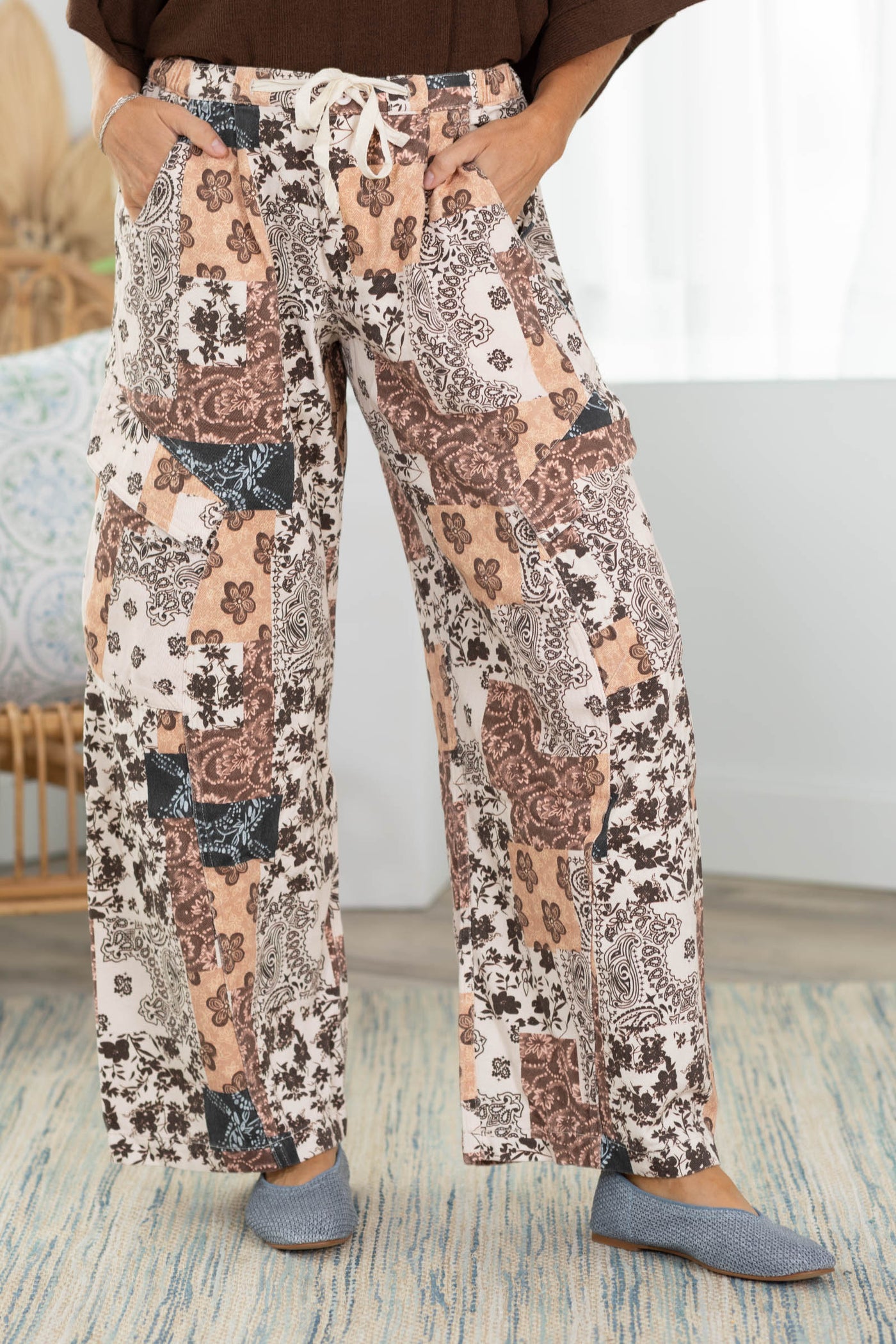 Cotierra Brown Multi Patchwork Barrel Leg Cargo Pant