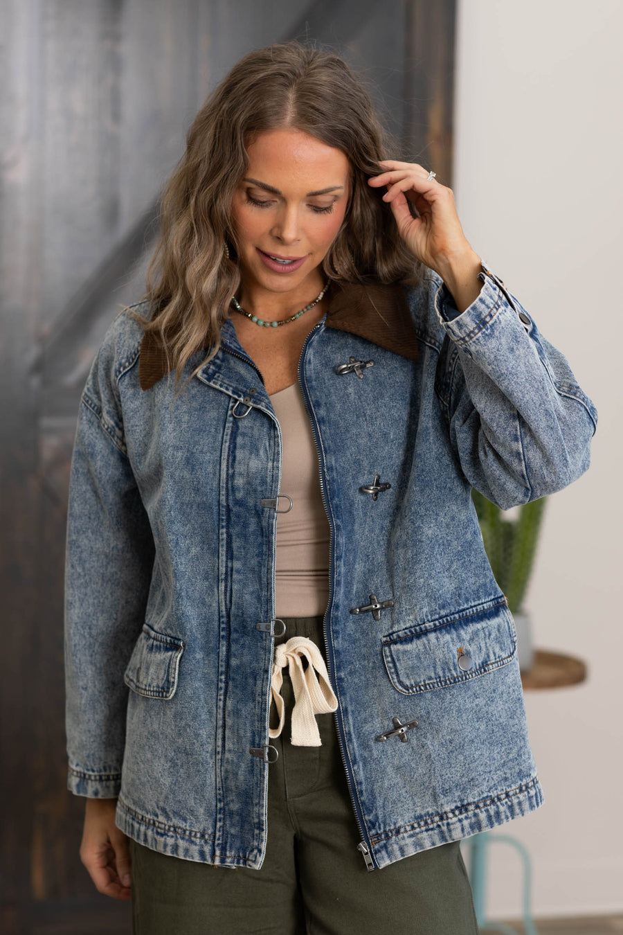 Washed Denim Jacket With Contrast Collar