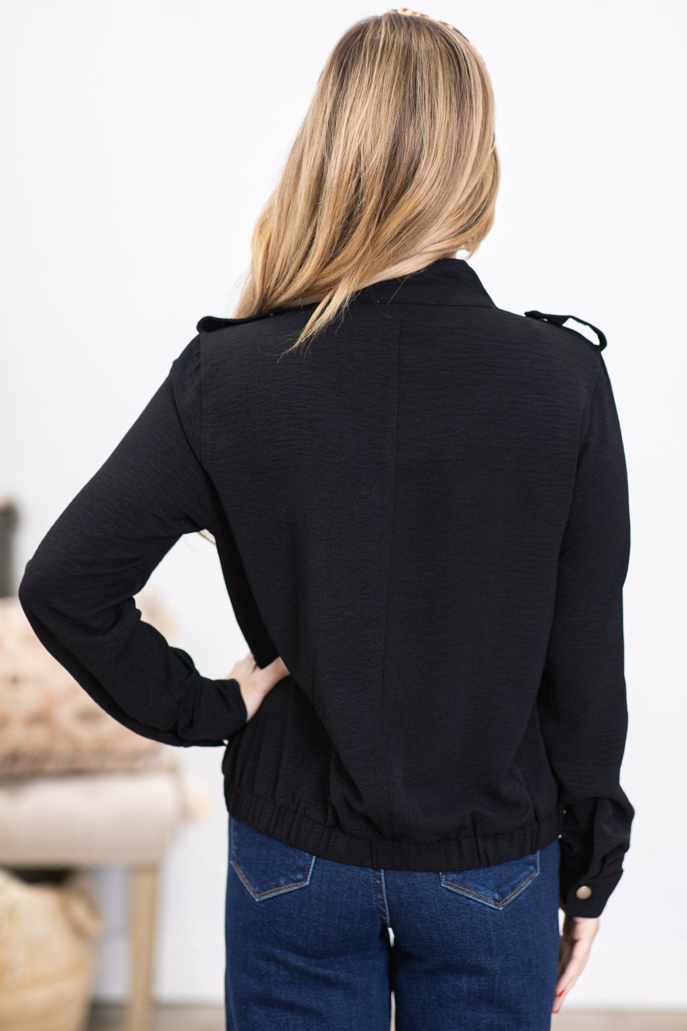 Black Snap Button Jacket With Chest Pockets