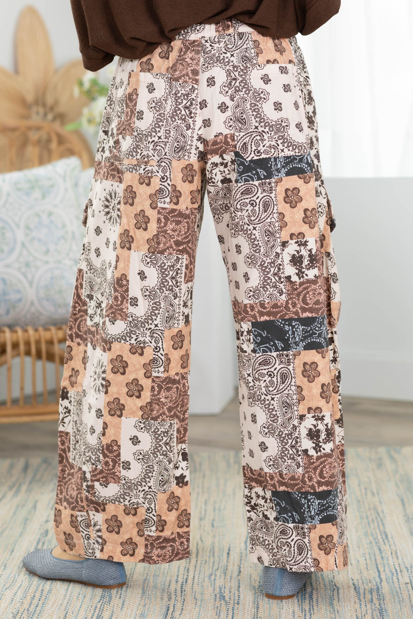 Cotierra Brown Multi Patchwork Barrel Leg Cargo Pant