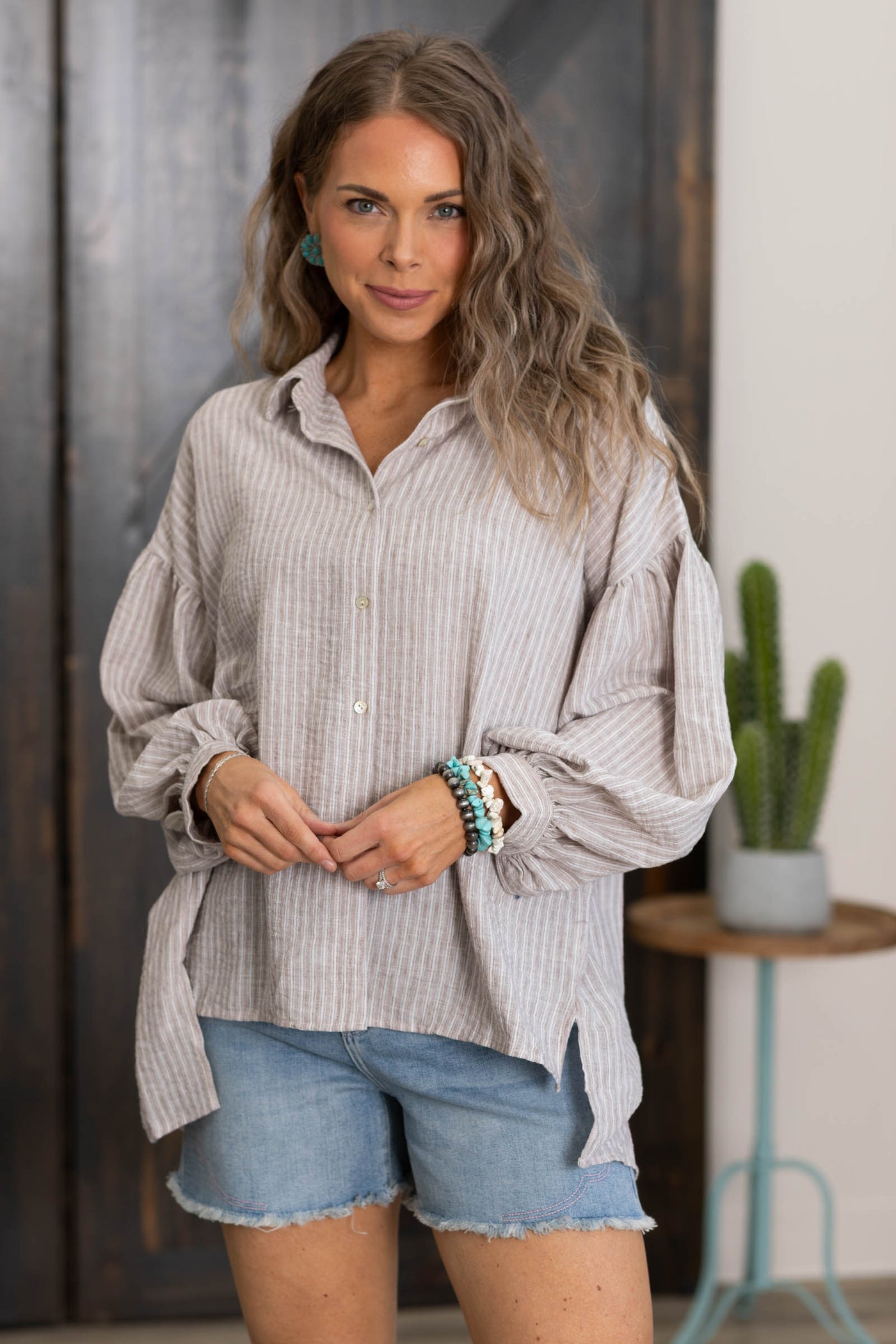 Taupe Balloon Long Sleeve Oversized Striped Shirt