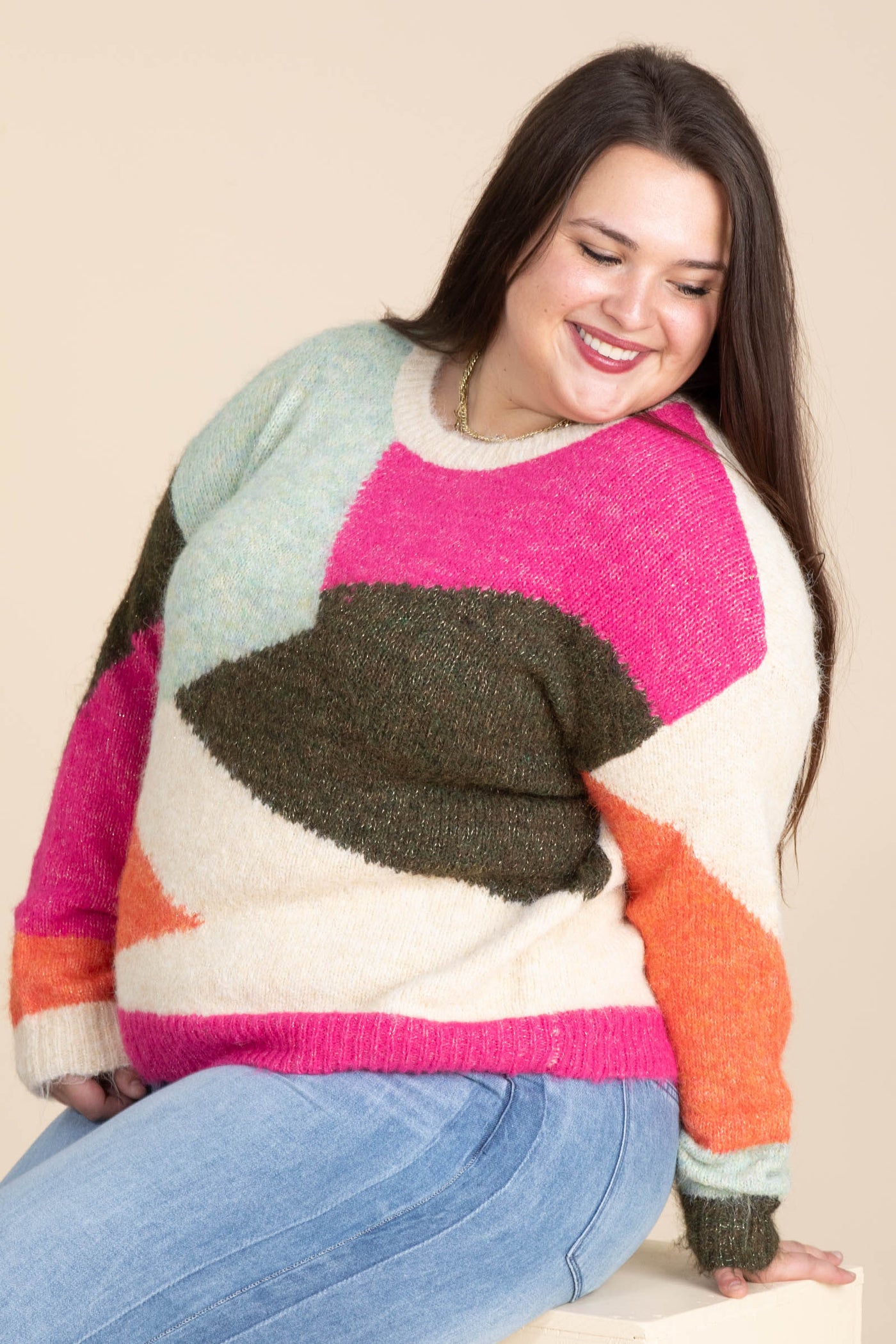 Pink Multicolor Block Sweater