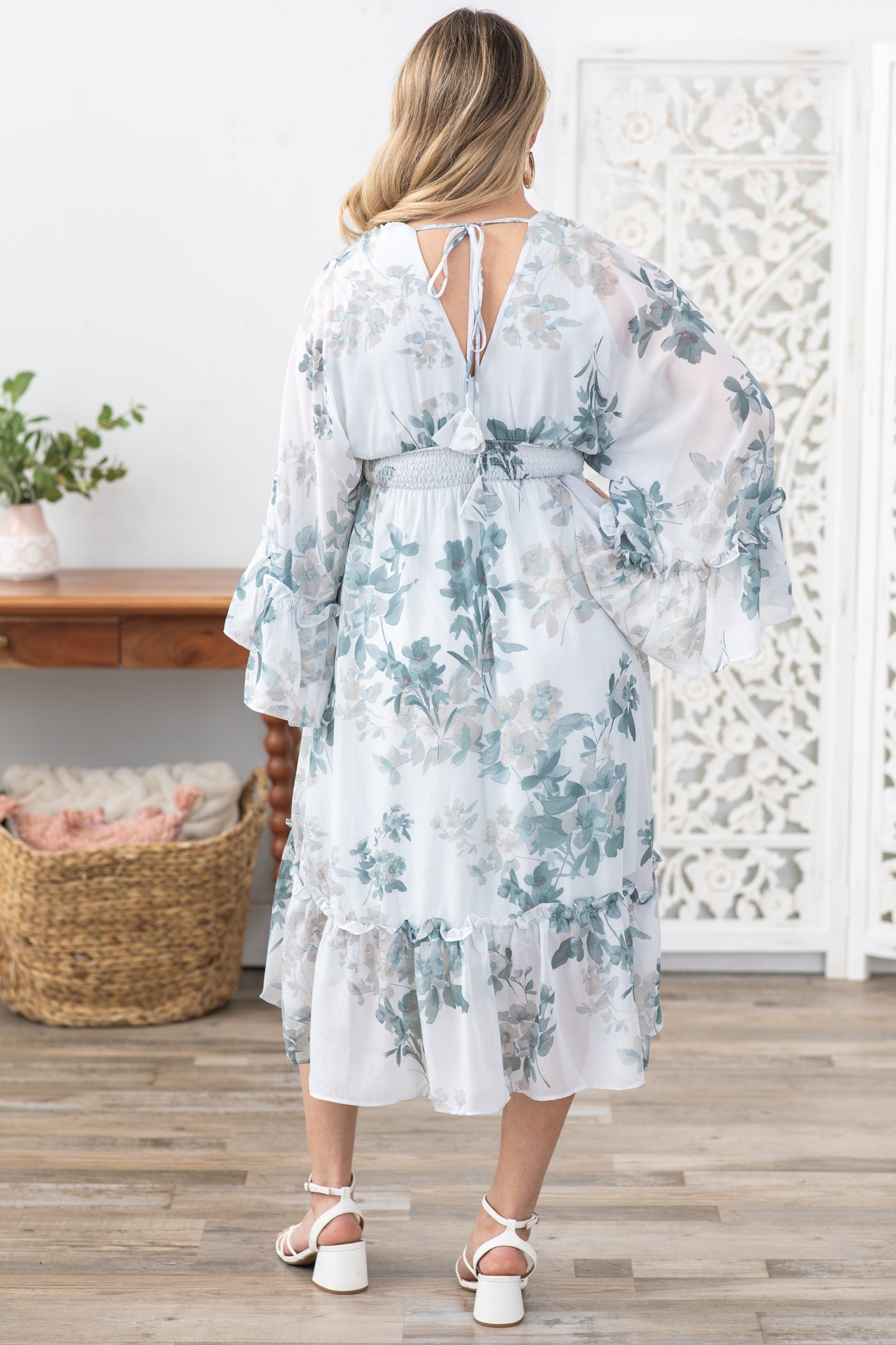 Dusty Teal Floral Print Long Sleeve Midi Dress - S Dusty Teal Floral Print Long Sleeve Midi Dress - S