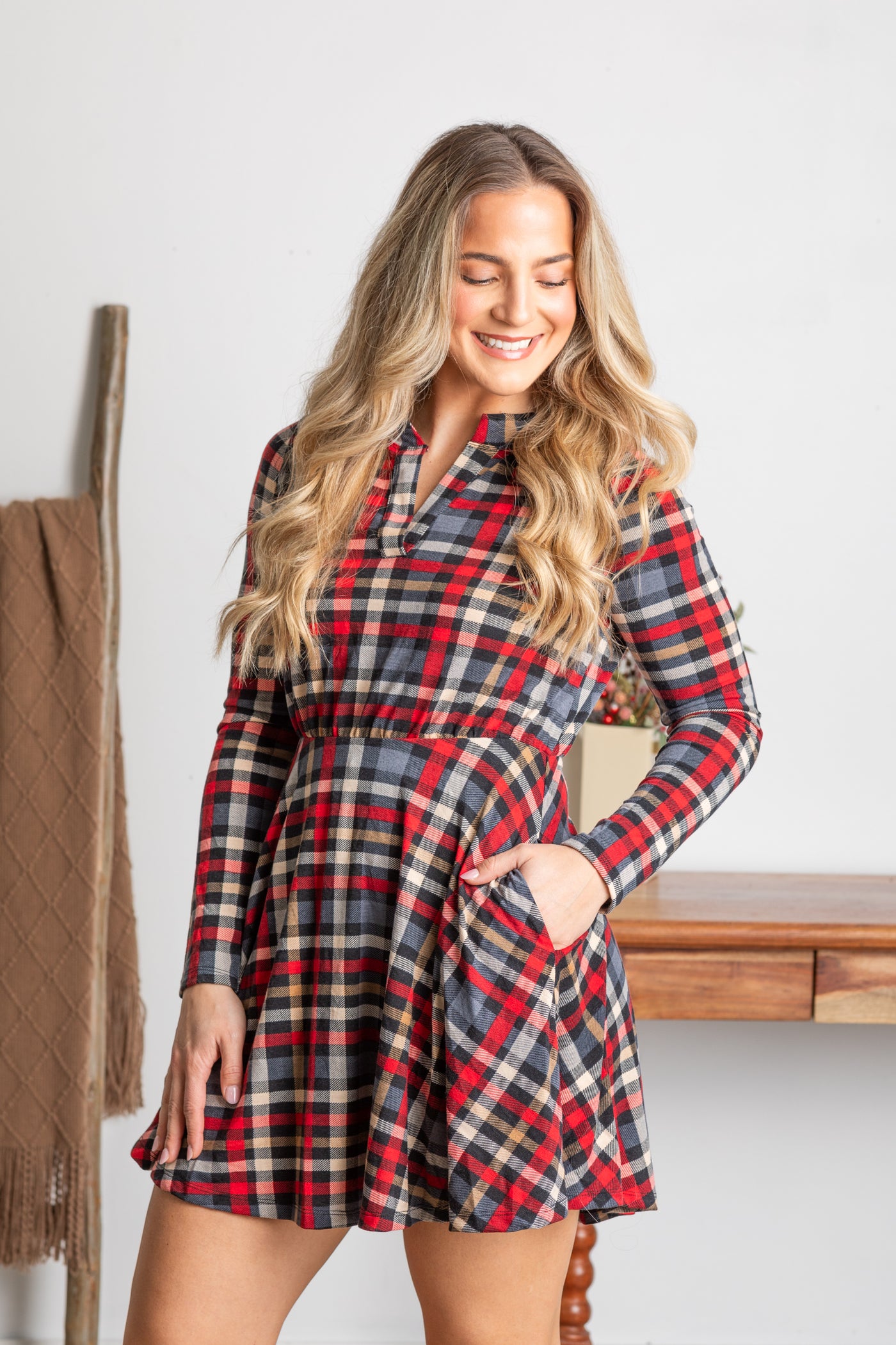 plaid knit dress Plaid V-Neck Long Sleeve Sweater Dress Pastel Yellow / One Size