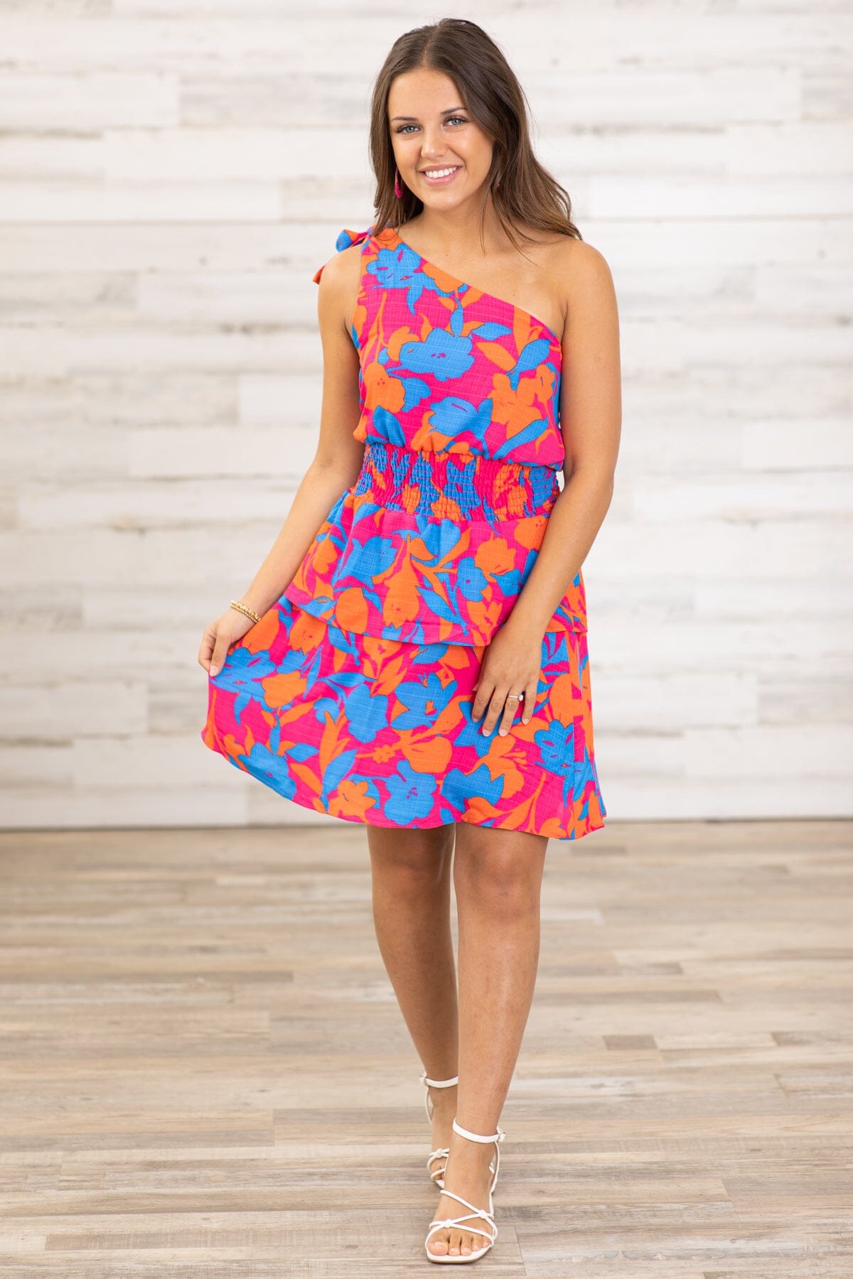 Fuchsia and Royal Floral One Shoulder Dress - Filly Flair