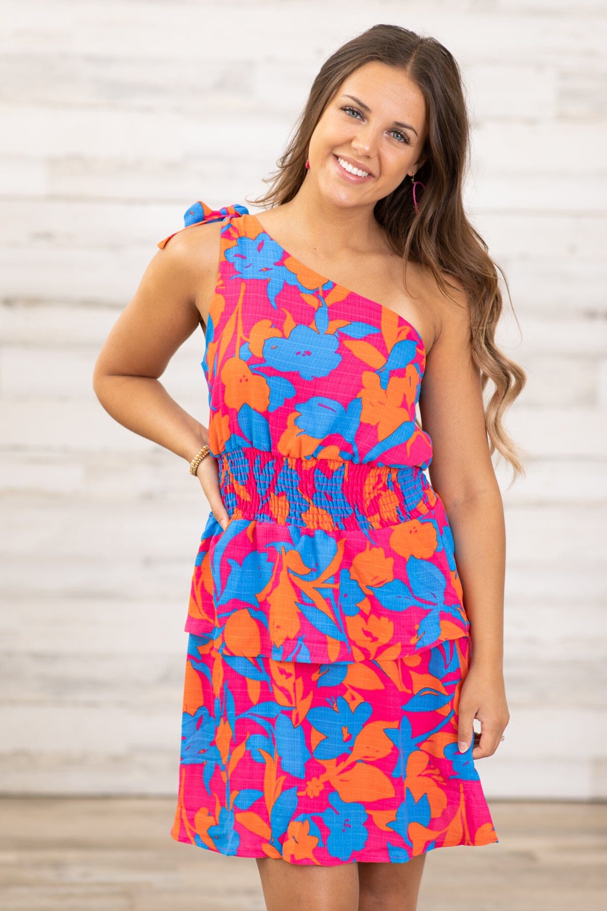 Fuchsia and Royal Floral One Shoulder Dress - Filly Flair