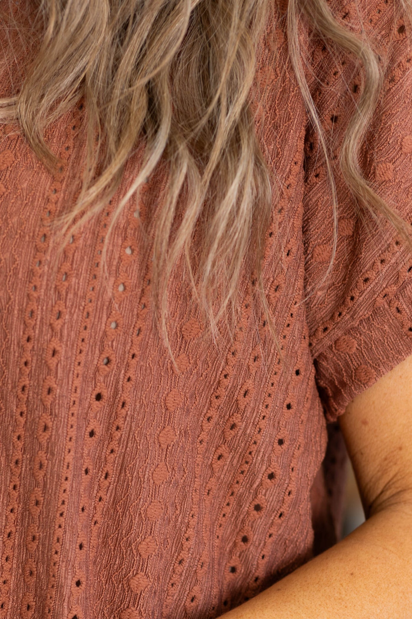 Brown Dot Pointelle Detail Short Sleeve Top