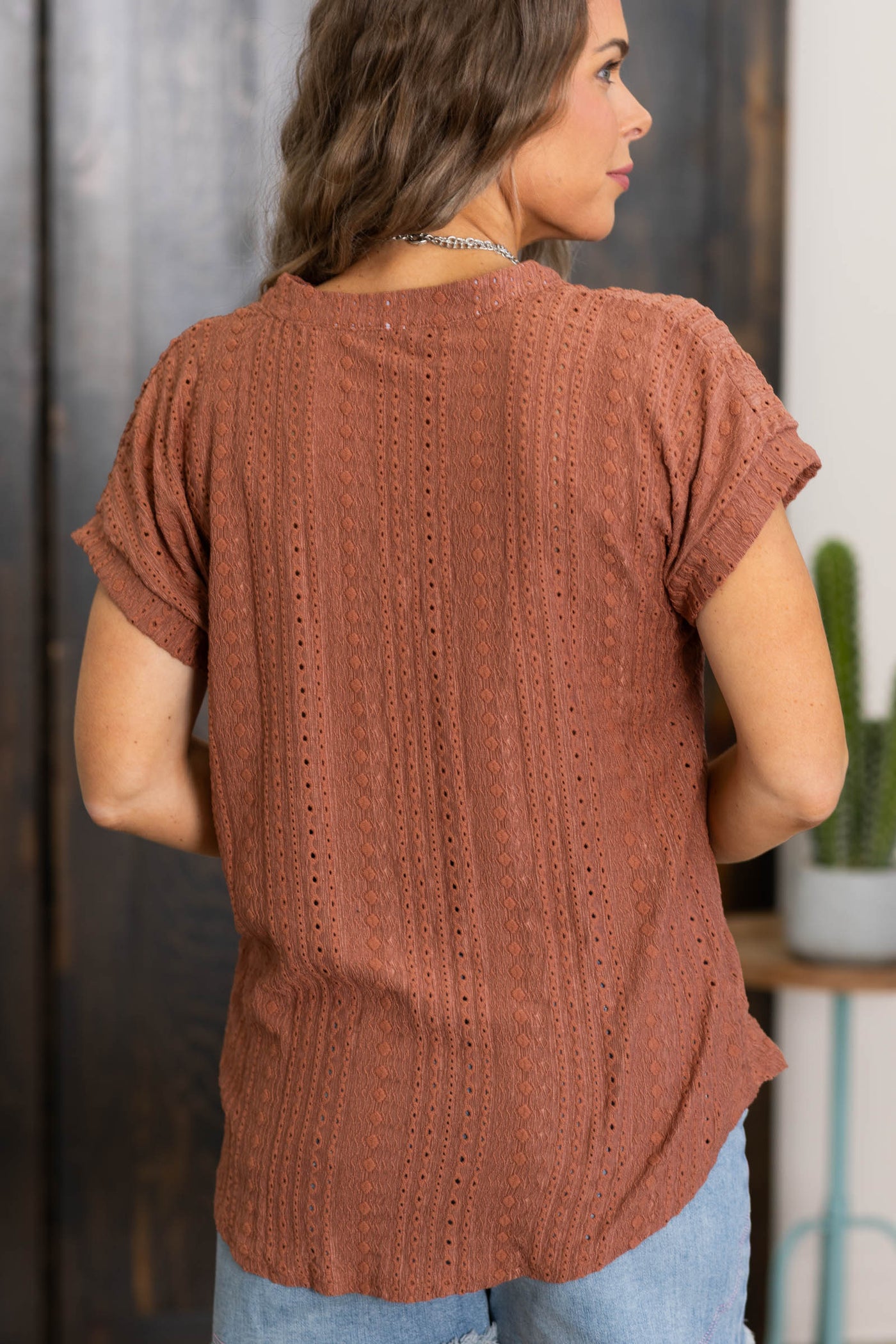 Brown Dot Pointelle Detail Short Sleeve Top