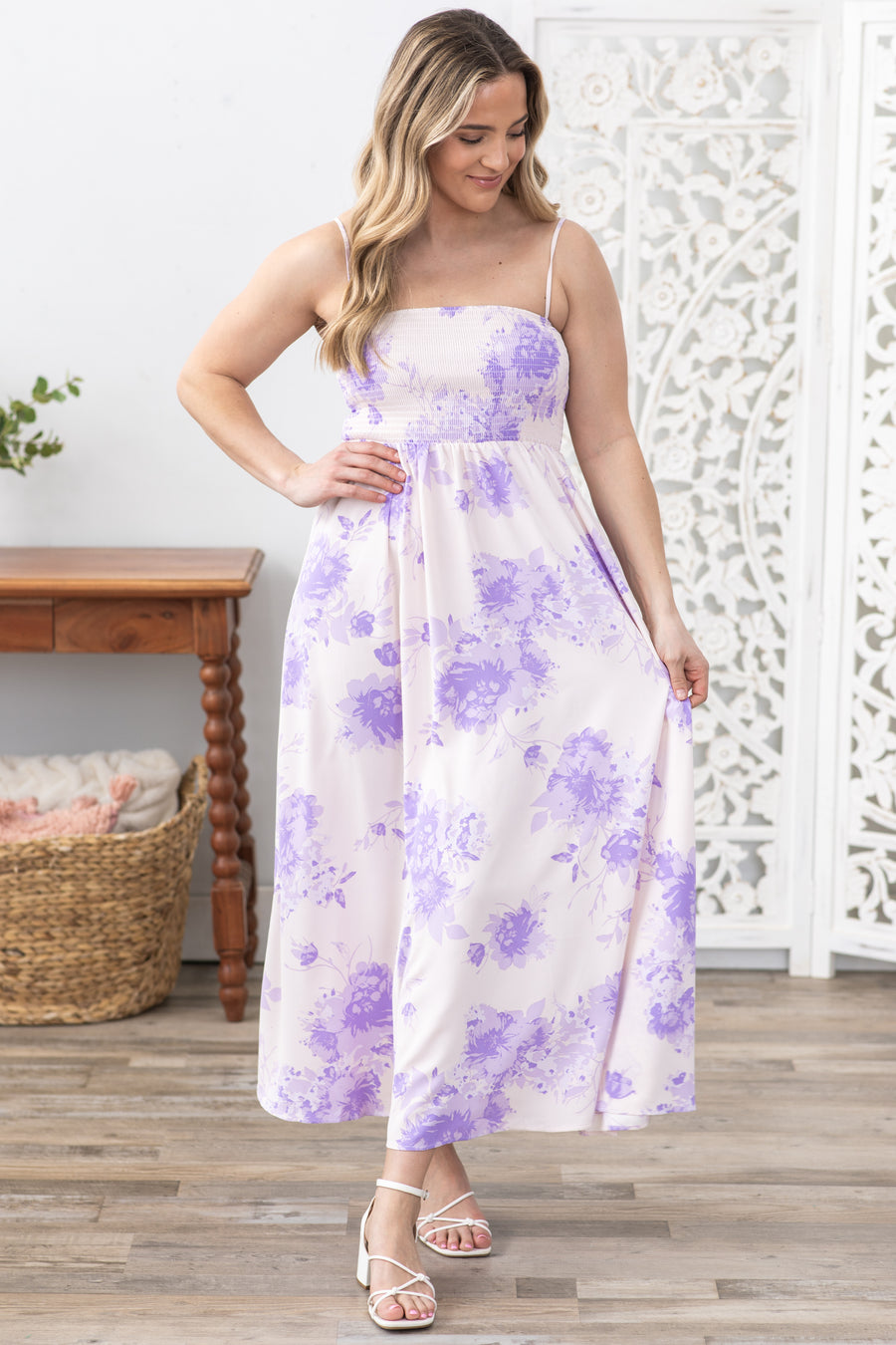 Lavender Floral Smocked Bodice Maxi Dress