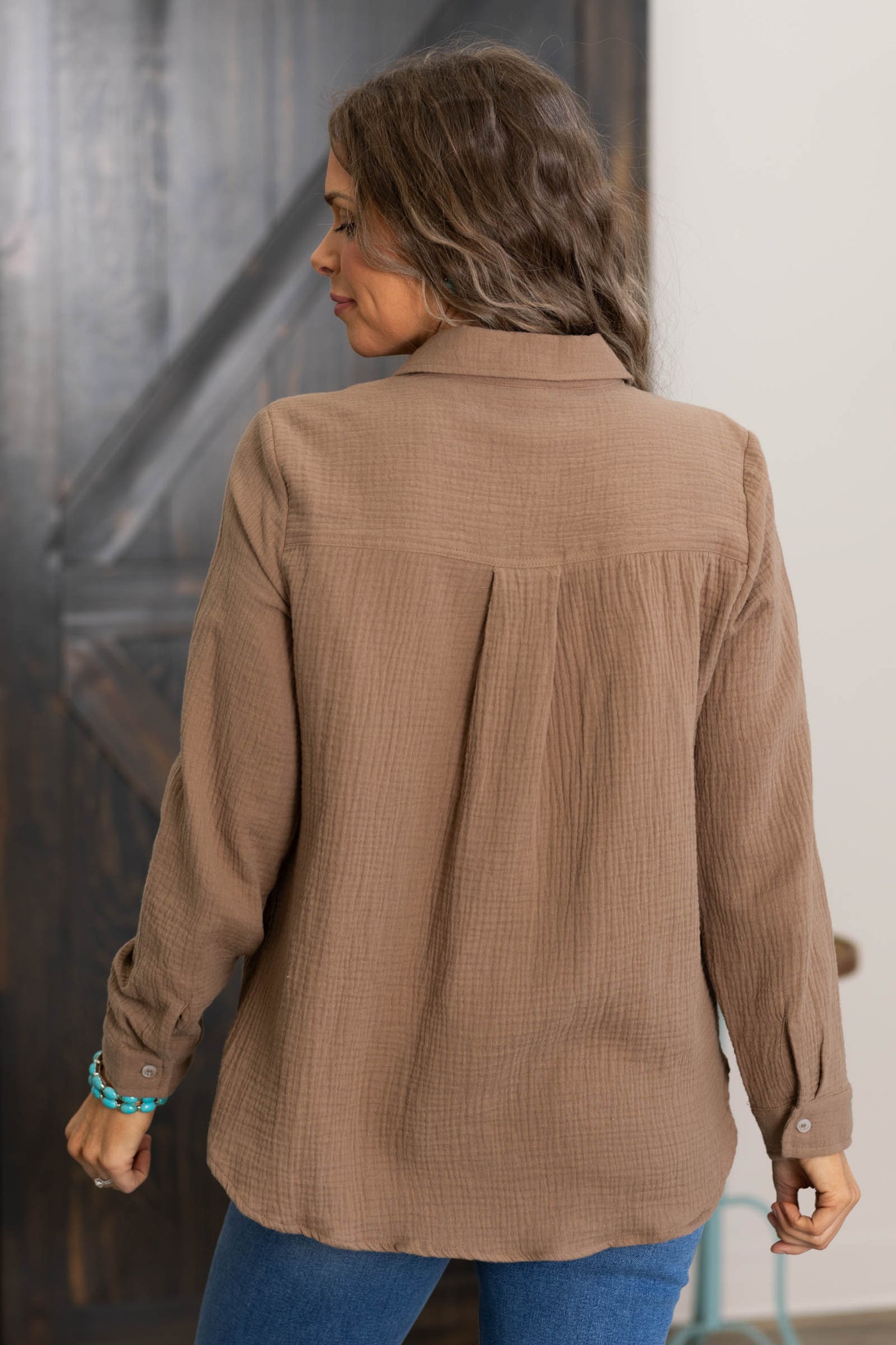 Mocha Gauze Button Up Long Sleeve Top