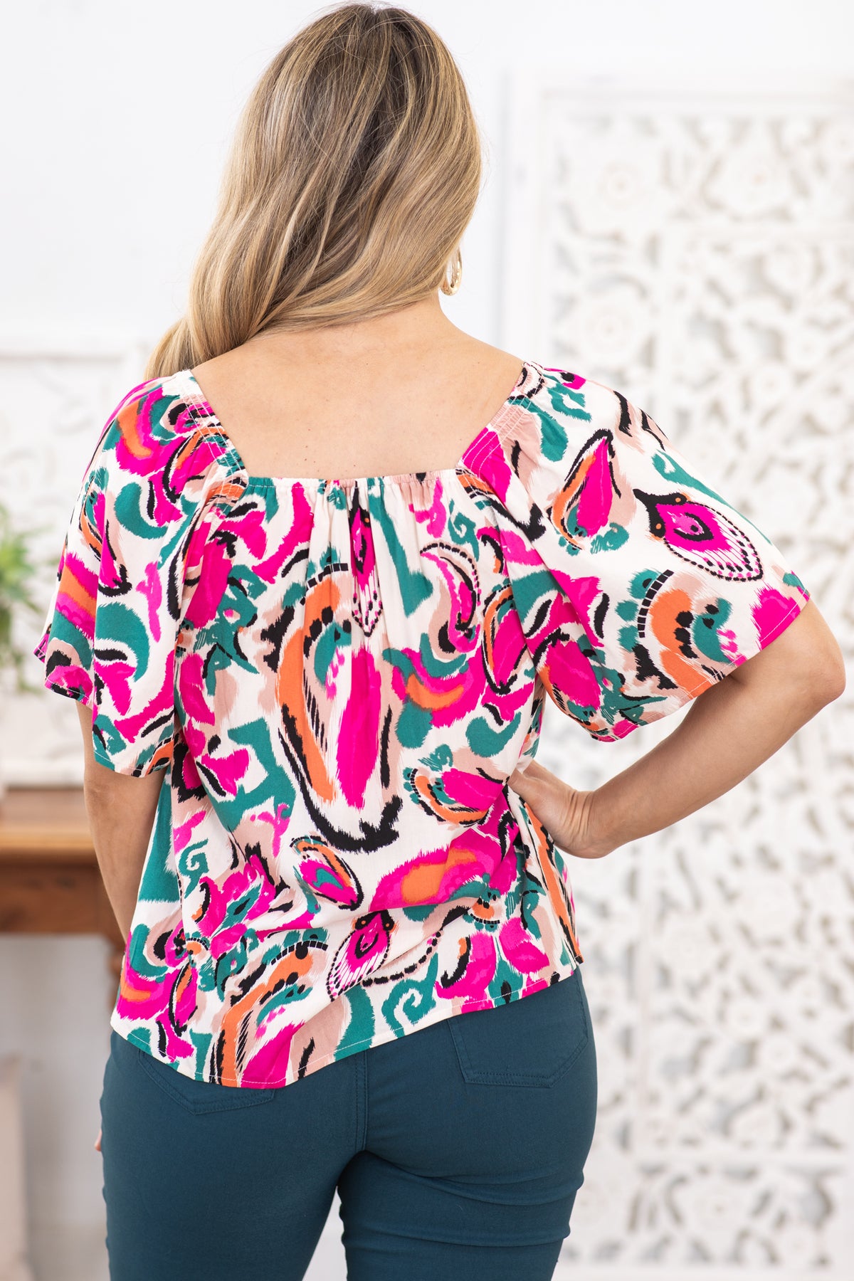 Pink Multicolor Top Pink Multicolor Square Neckline Knit Top · Filly Flair