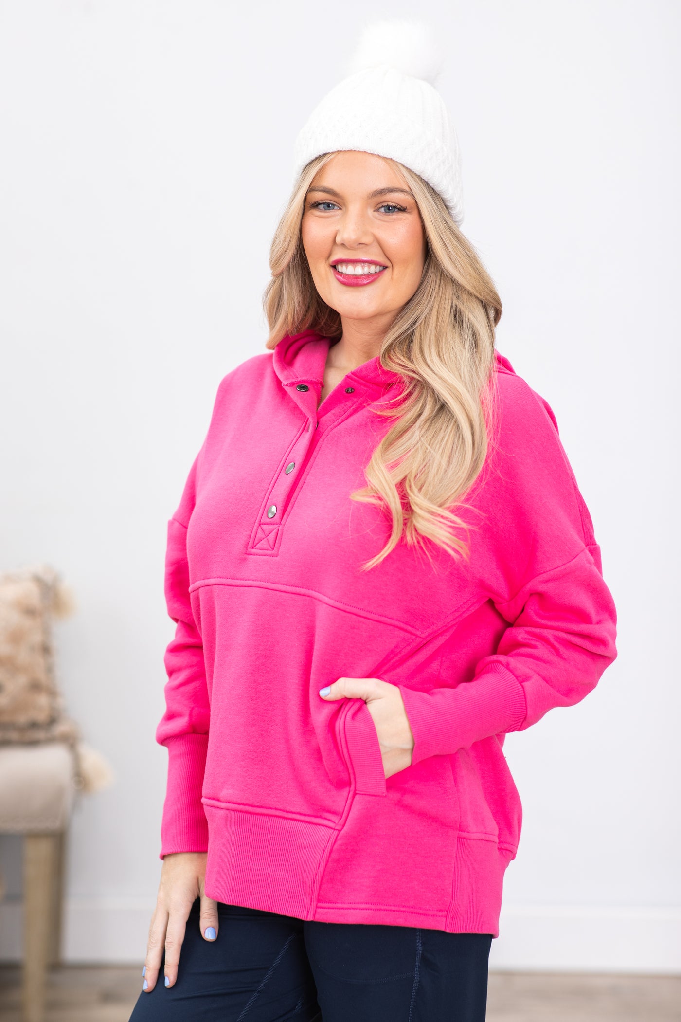 Hot Pink Half Button Fleece Hooded Pullover