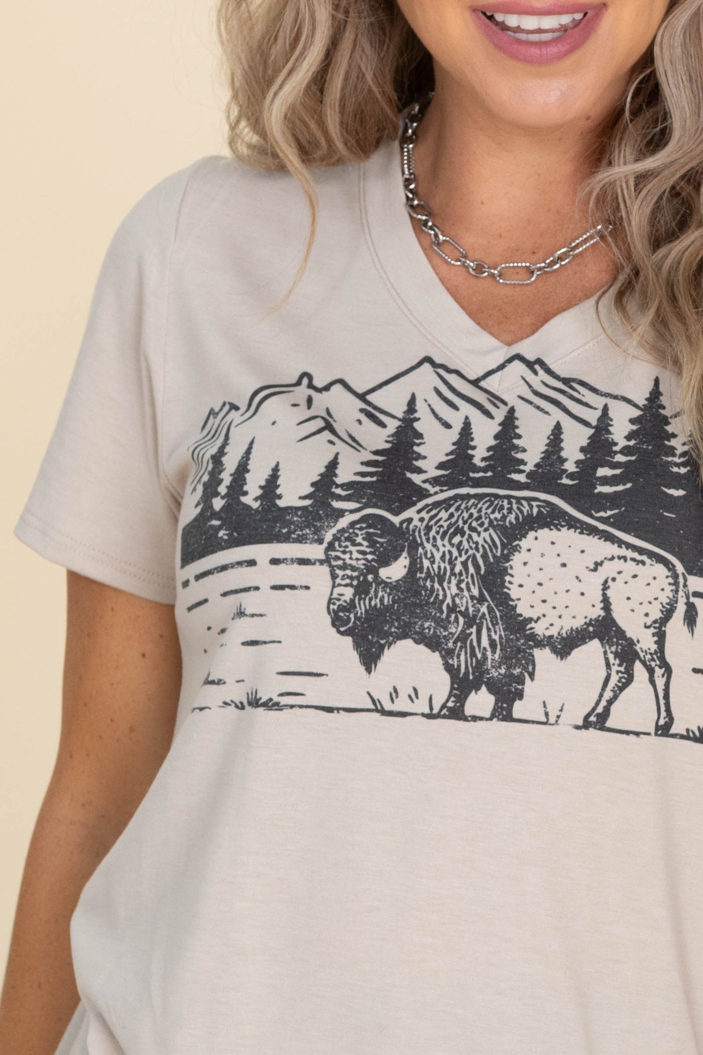 American Bison Graphic V-Neck Knit Tee