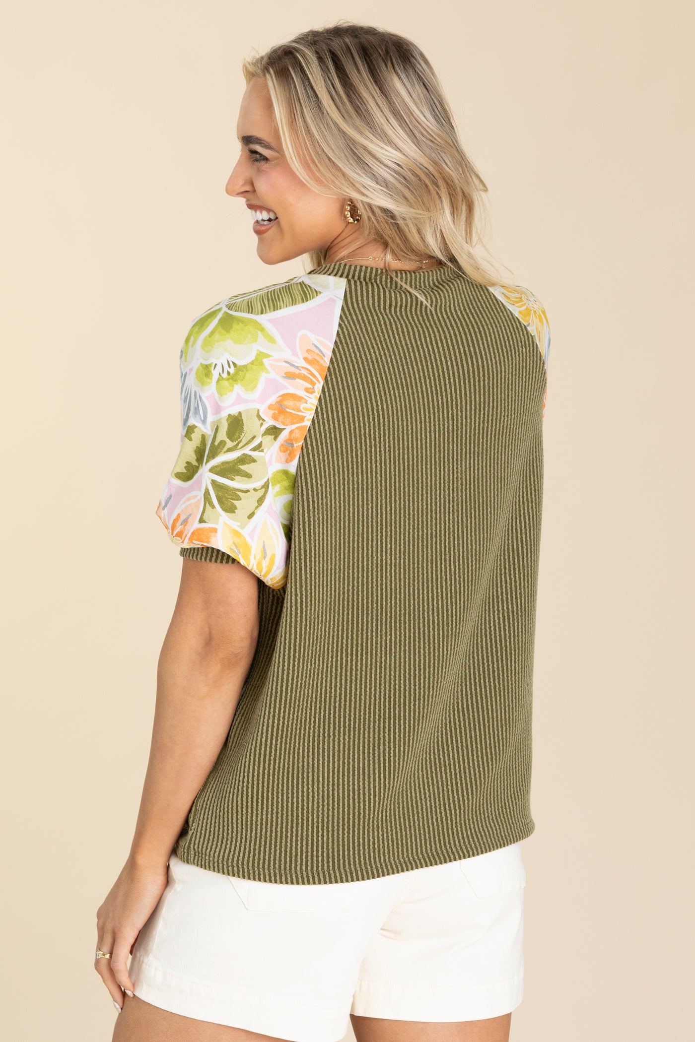 Olive With Floral Sleeve Knit Top