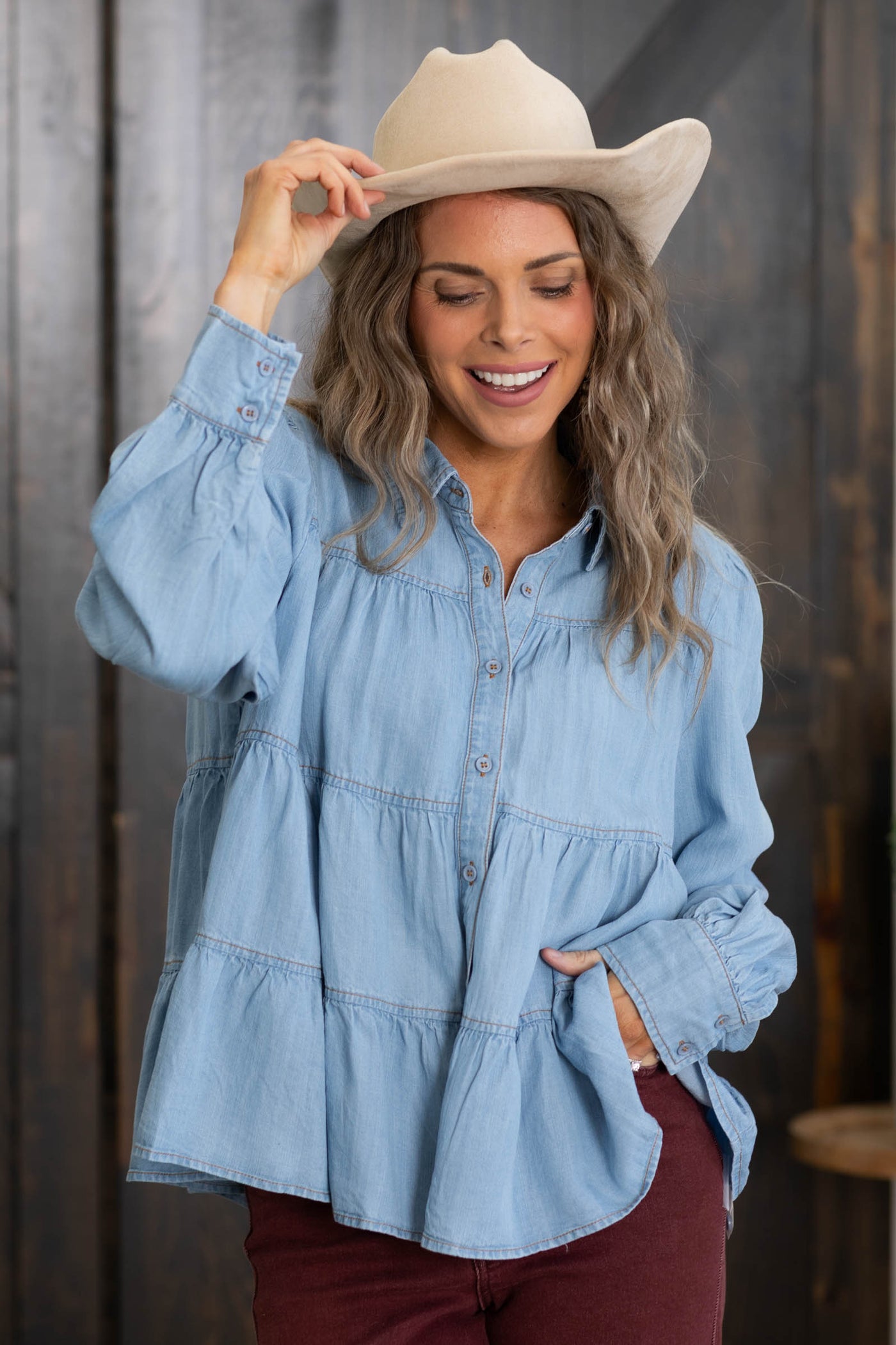 Light Chambray Flowy Baby Doll Button Top · Filly Flair
