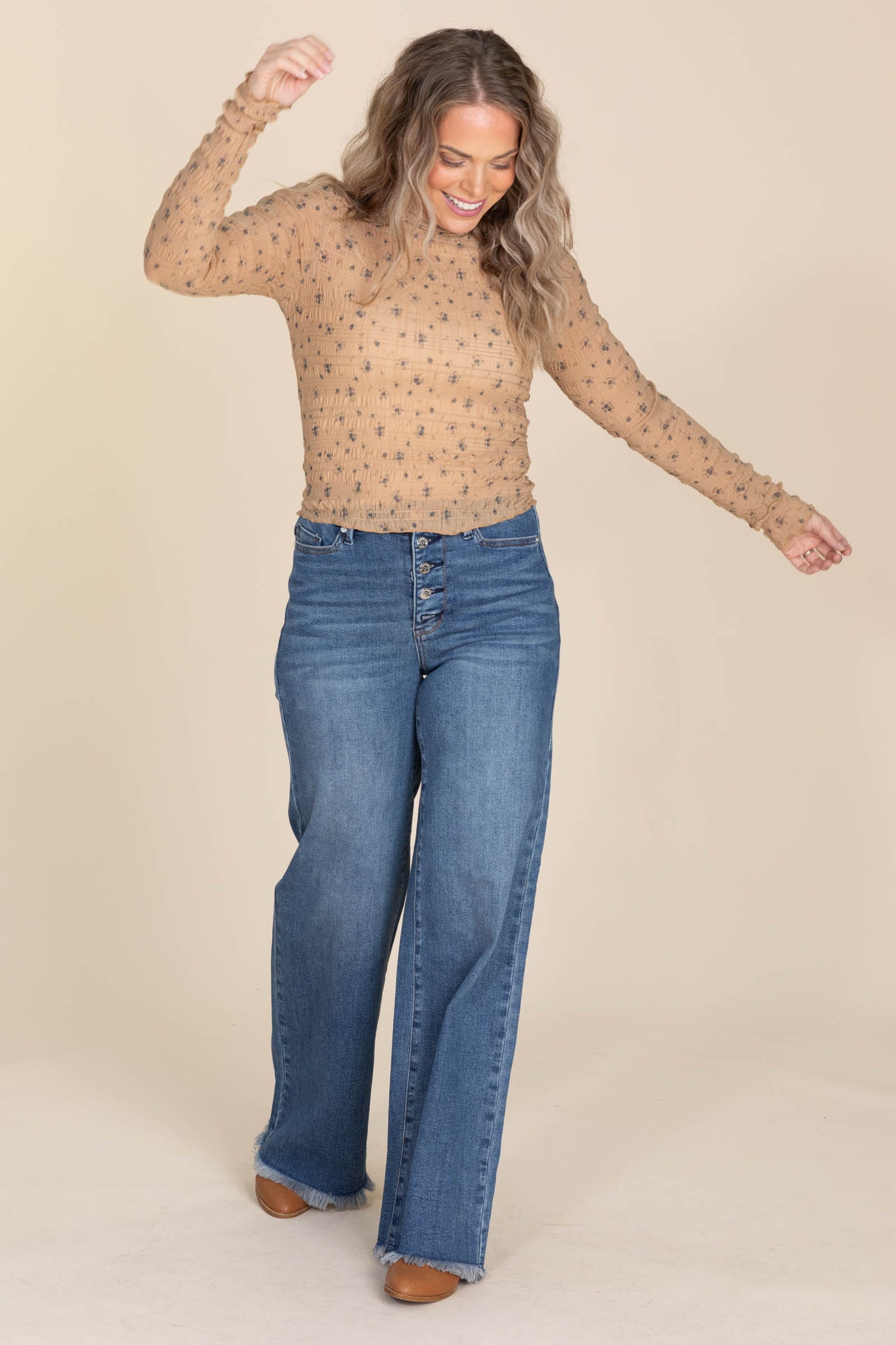 Tan Floral Textured Long Sleeve Knit Top