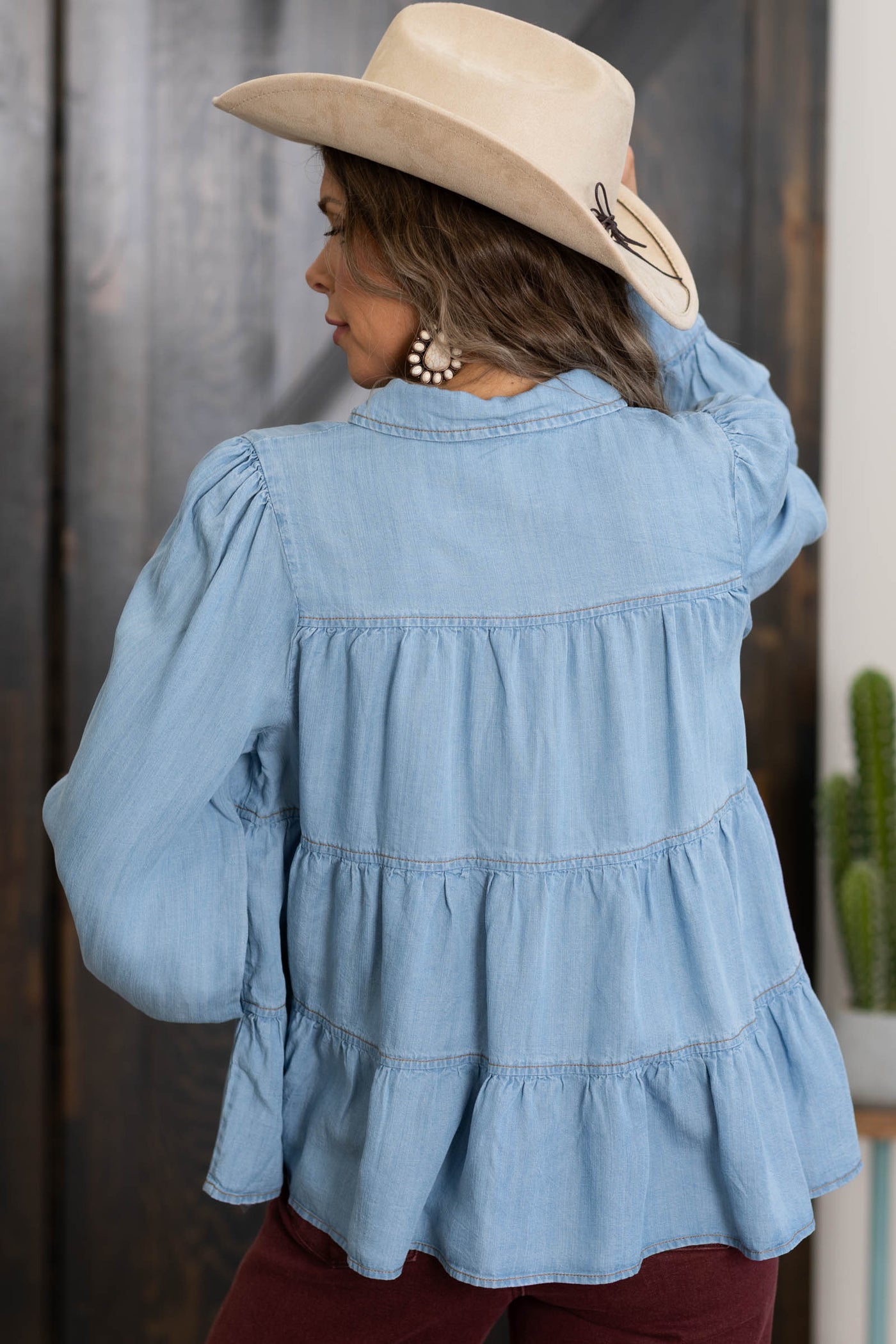 Light Chambray Flowy Baby Doll Button Top