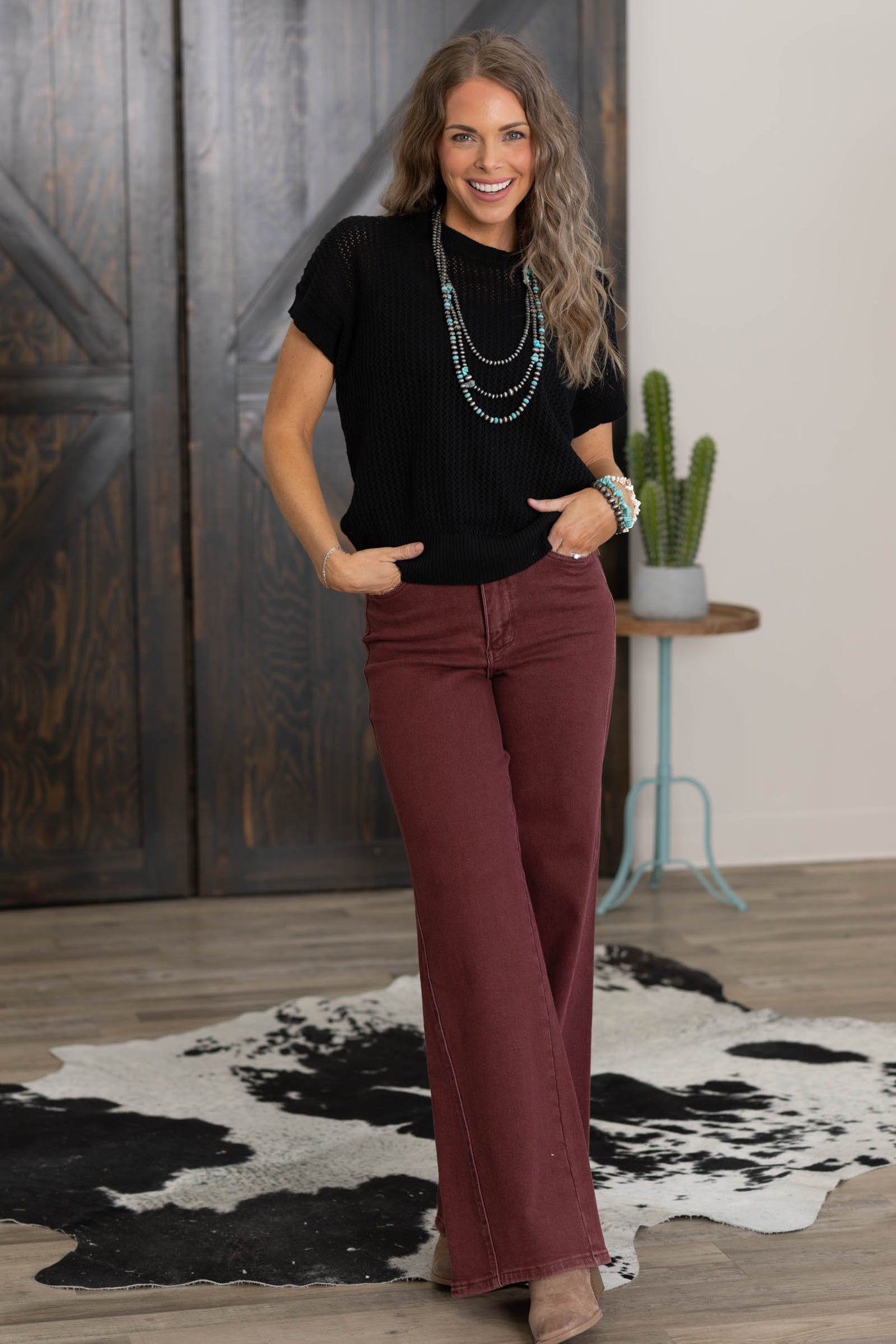 Judy Blue Burgundy Retro Wide Twisted Seam Jeans