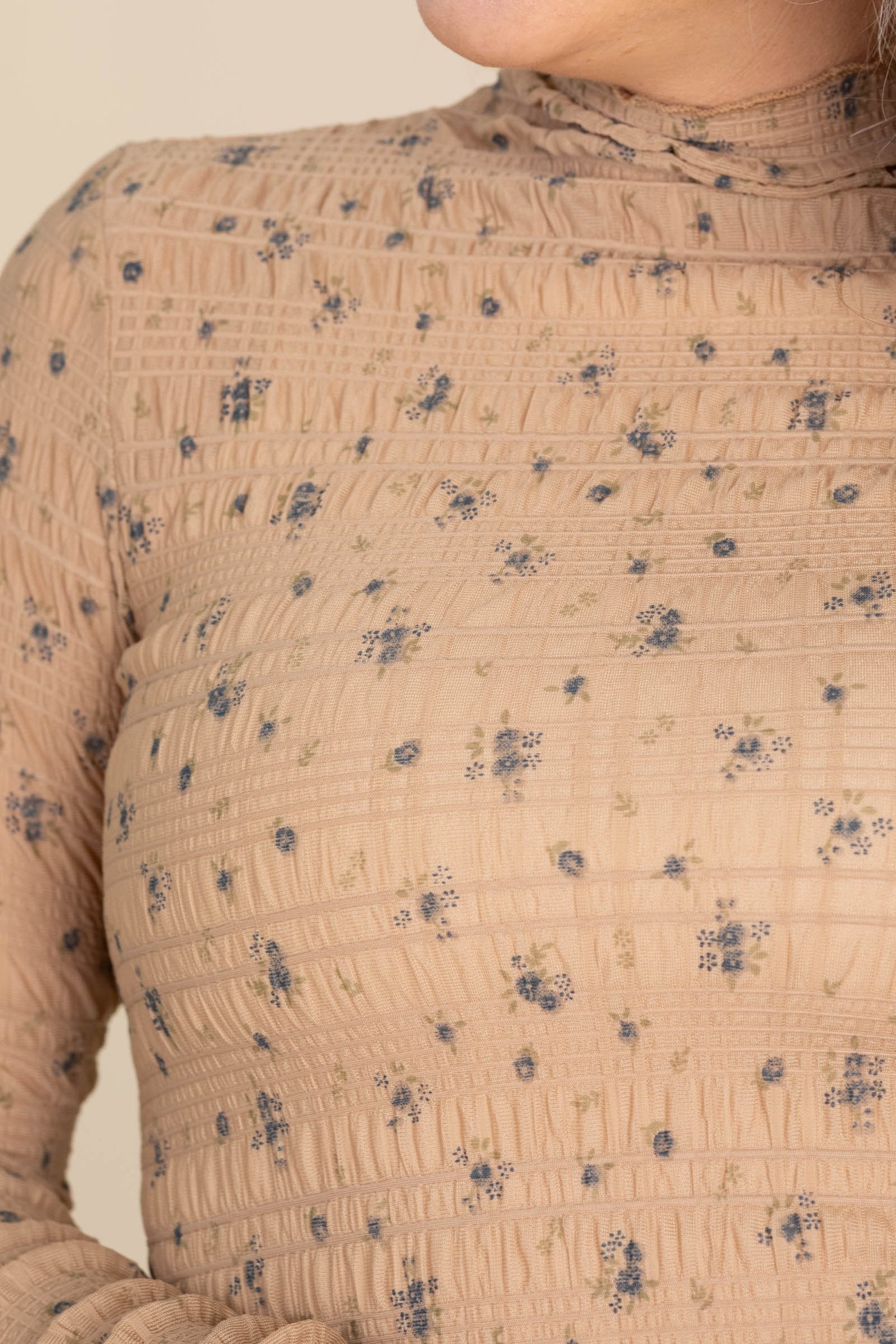 Tan Floral Textured Long Sleeve Knit Top