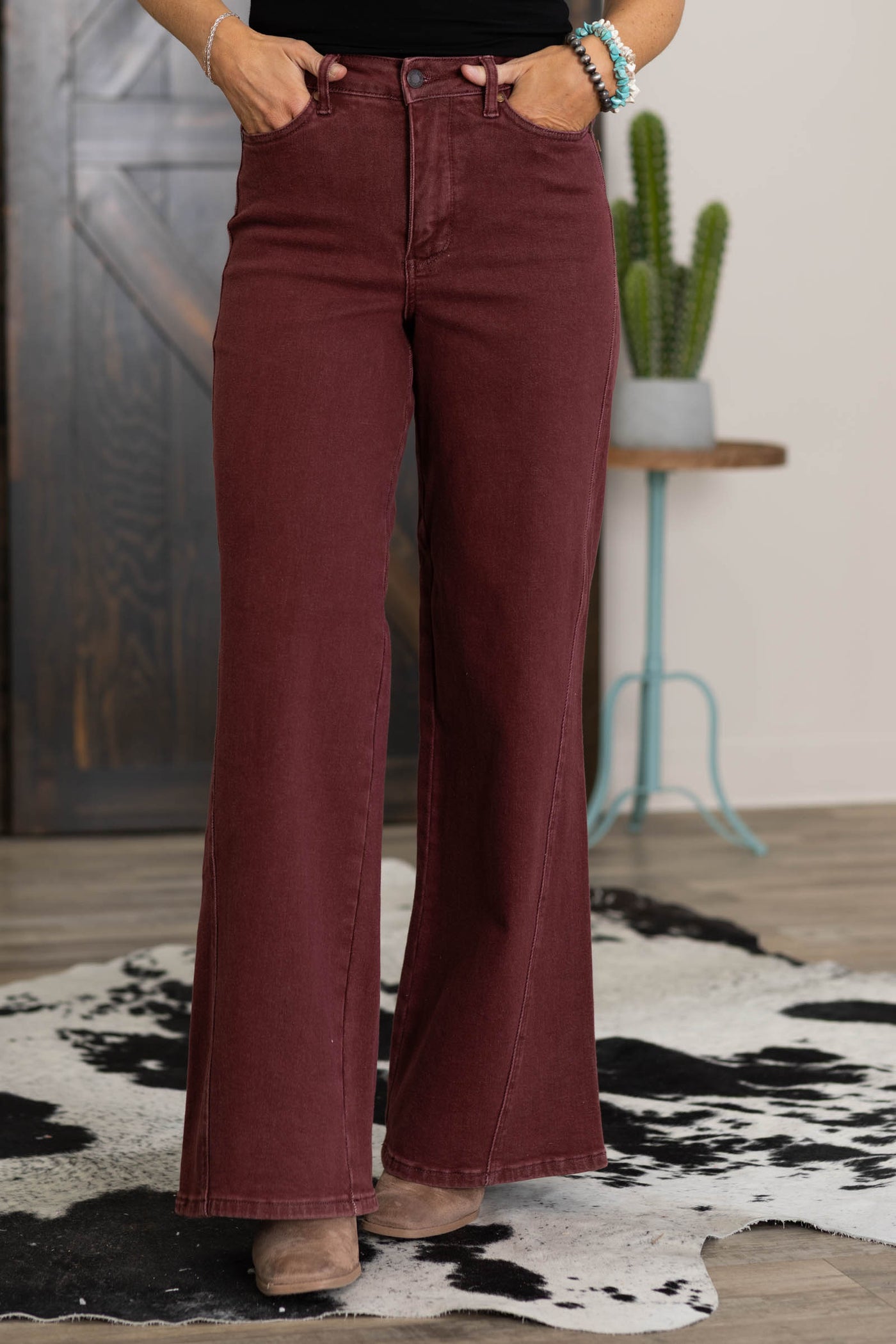 Judy Blue Burgundy Retro Wide Twisted Seam Jeans