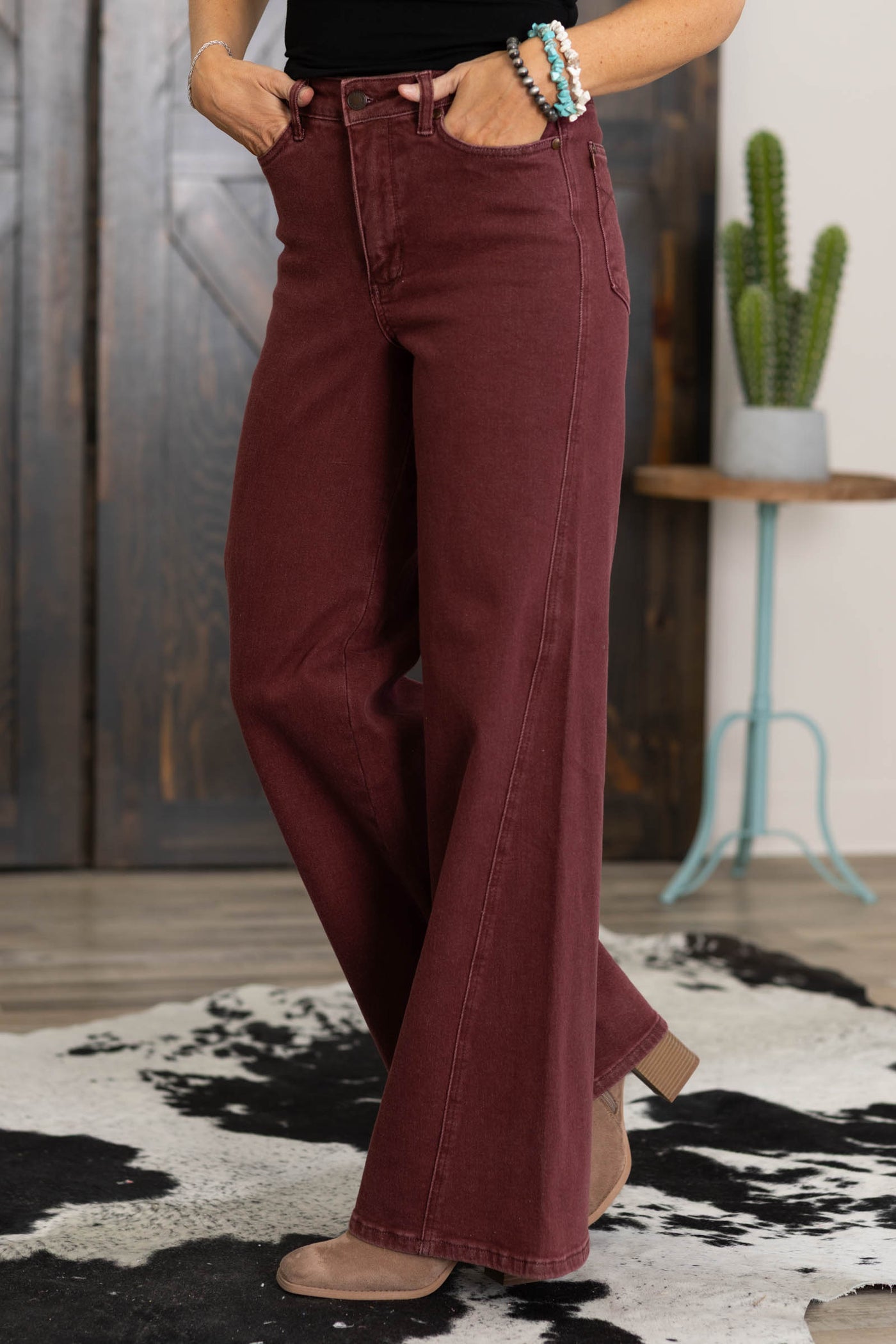 Judy Blue Burgundy Retro Wide Twisted Seam Jeans