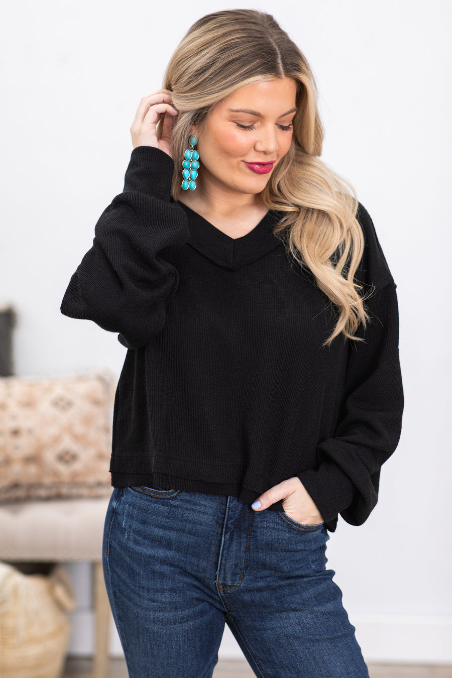 Black V-Neck Loose Fit Knit Top