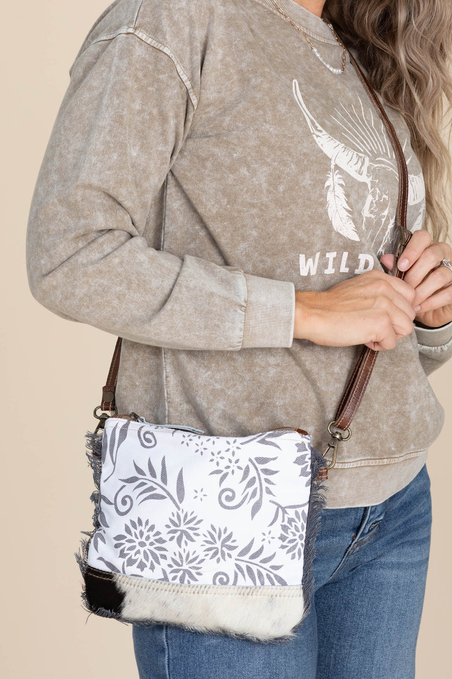 Flowers And Fringe Trim Bag With Cowhide Trim