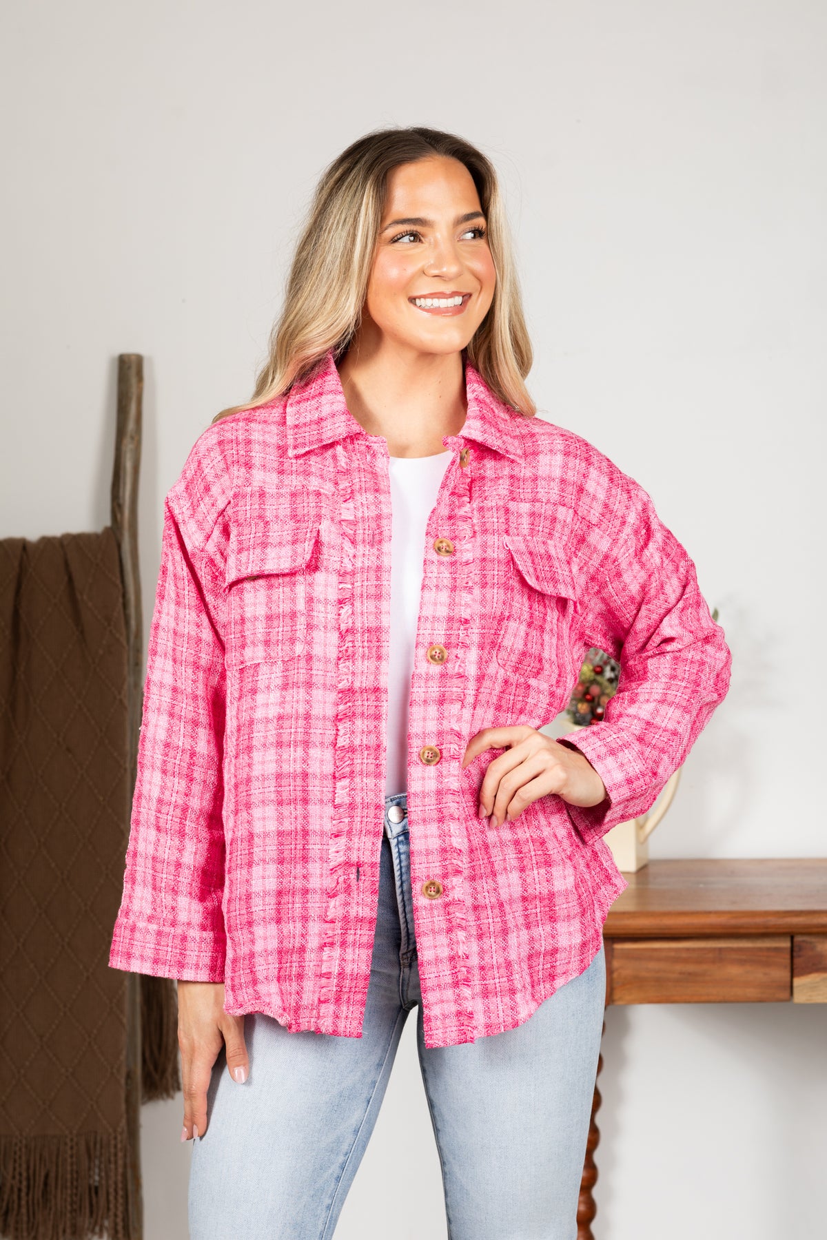 Pink Button Front Jacket Pink Tweed Button Down Jacket · Filly Flair
