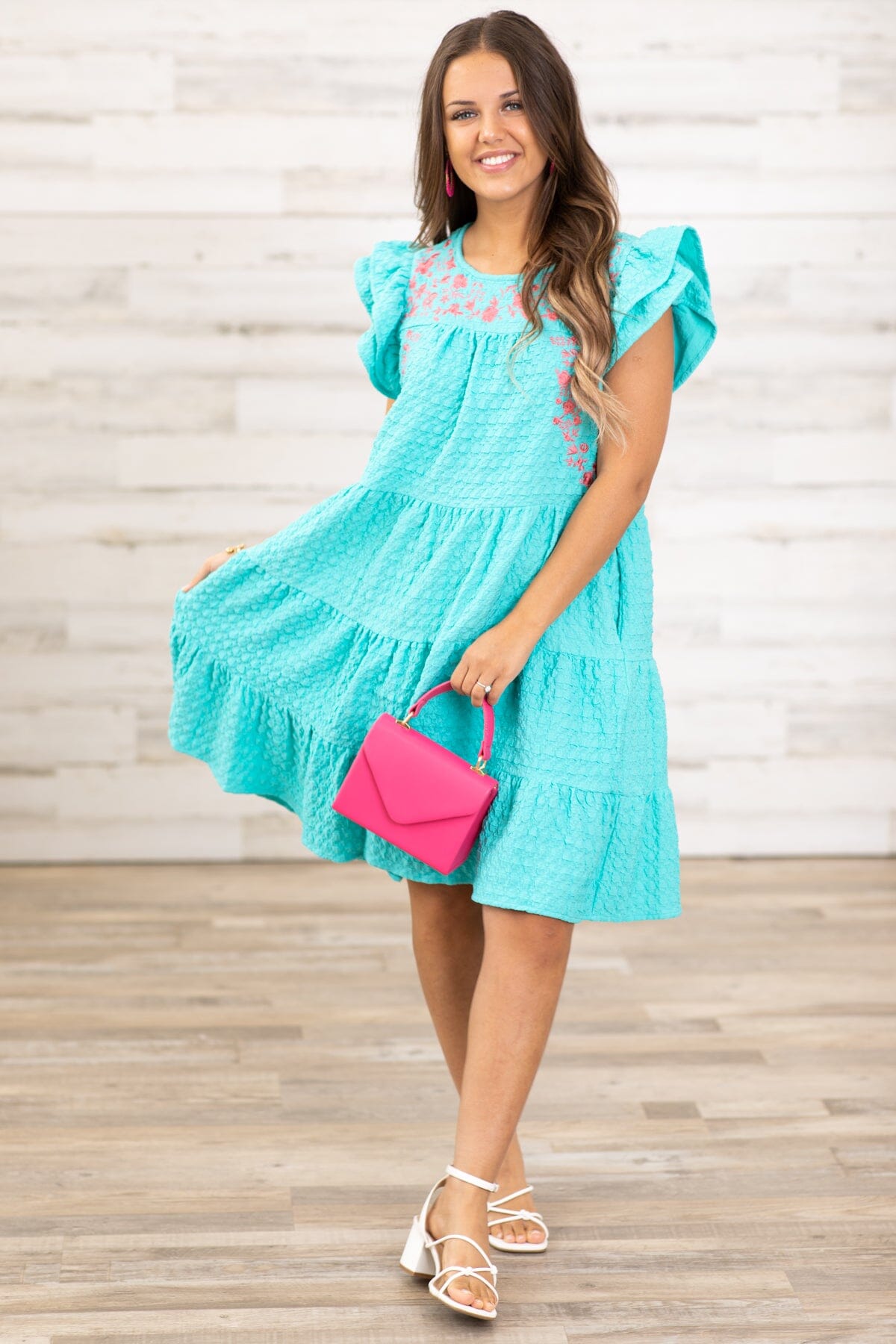 Turquoise and Pink Embroidered Dress - Filly Flair