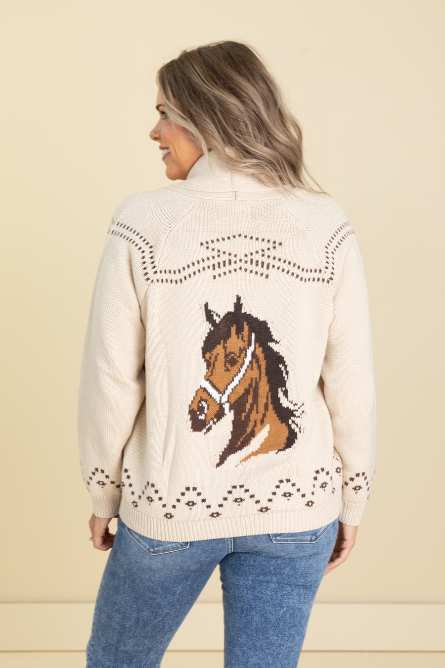 Beige Horse Jacquard Shawl Knit Cardigan