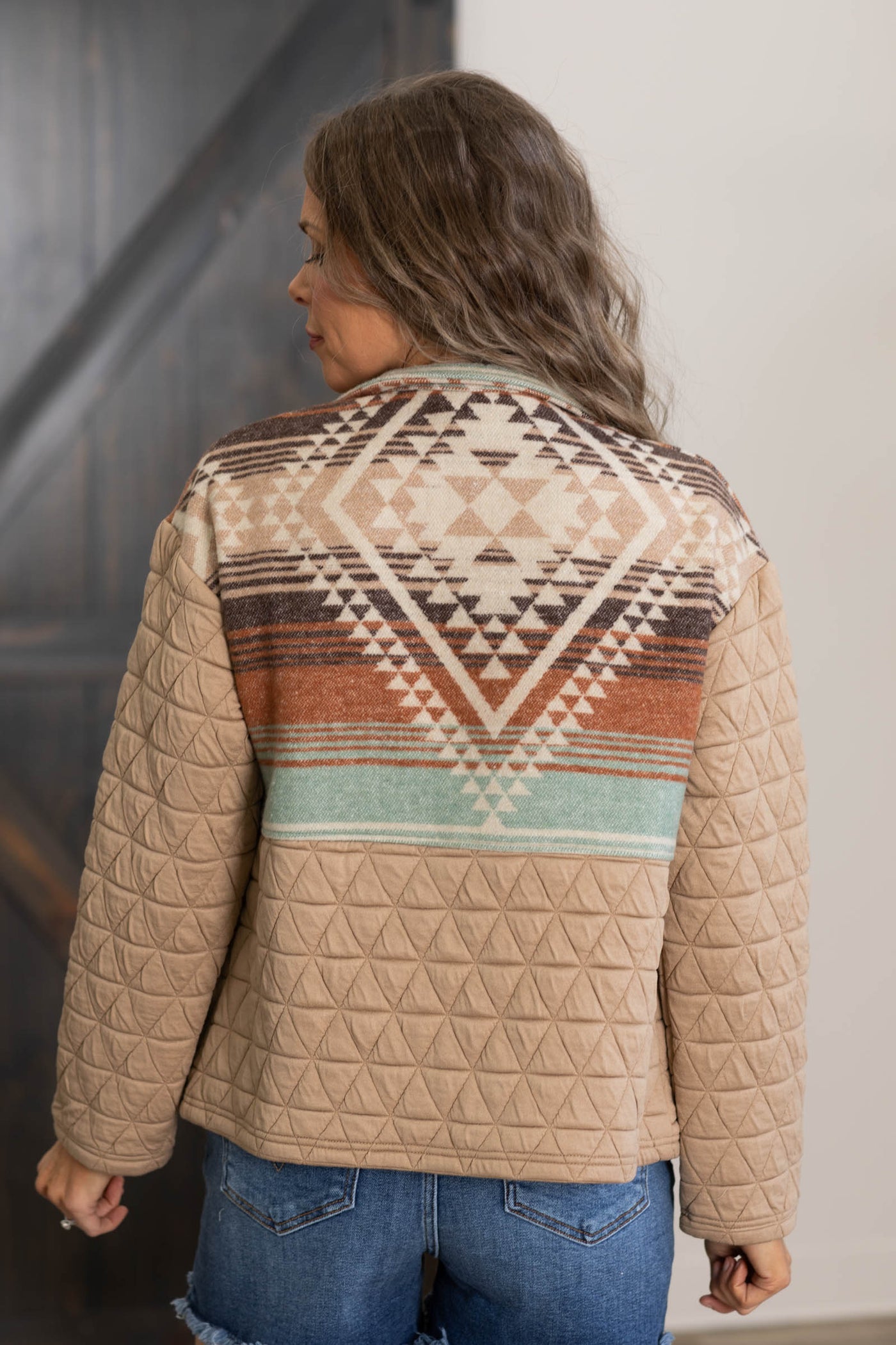 Taupe Geometric Quilted Patchwork Jacket