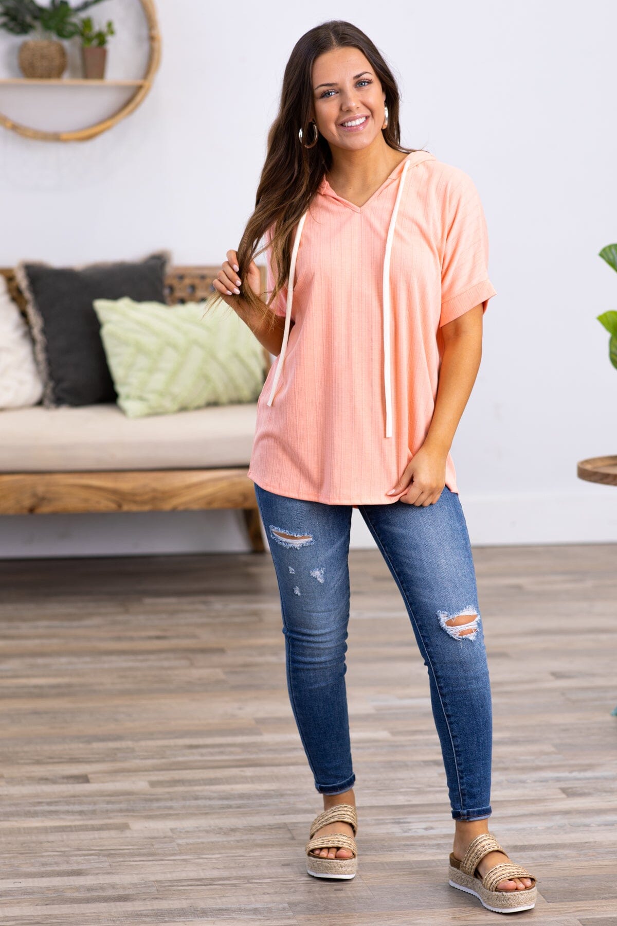 Peach Textured Short Sleeve Hooded Top - Filly Flair