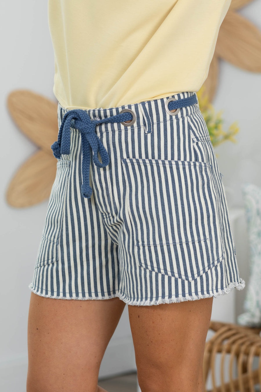 Slate Blue Braided Belt Stripe Casual Shorts