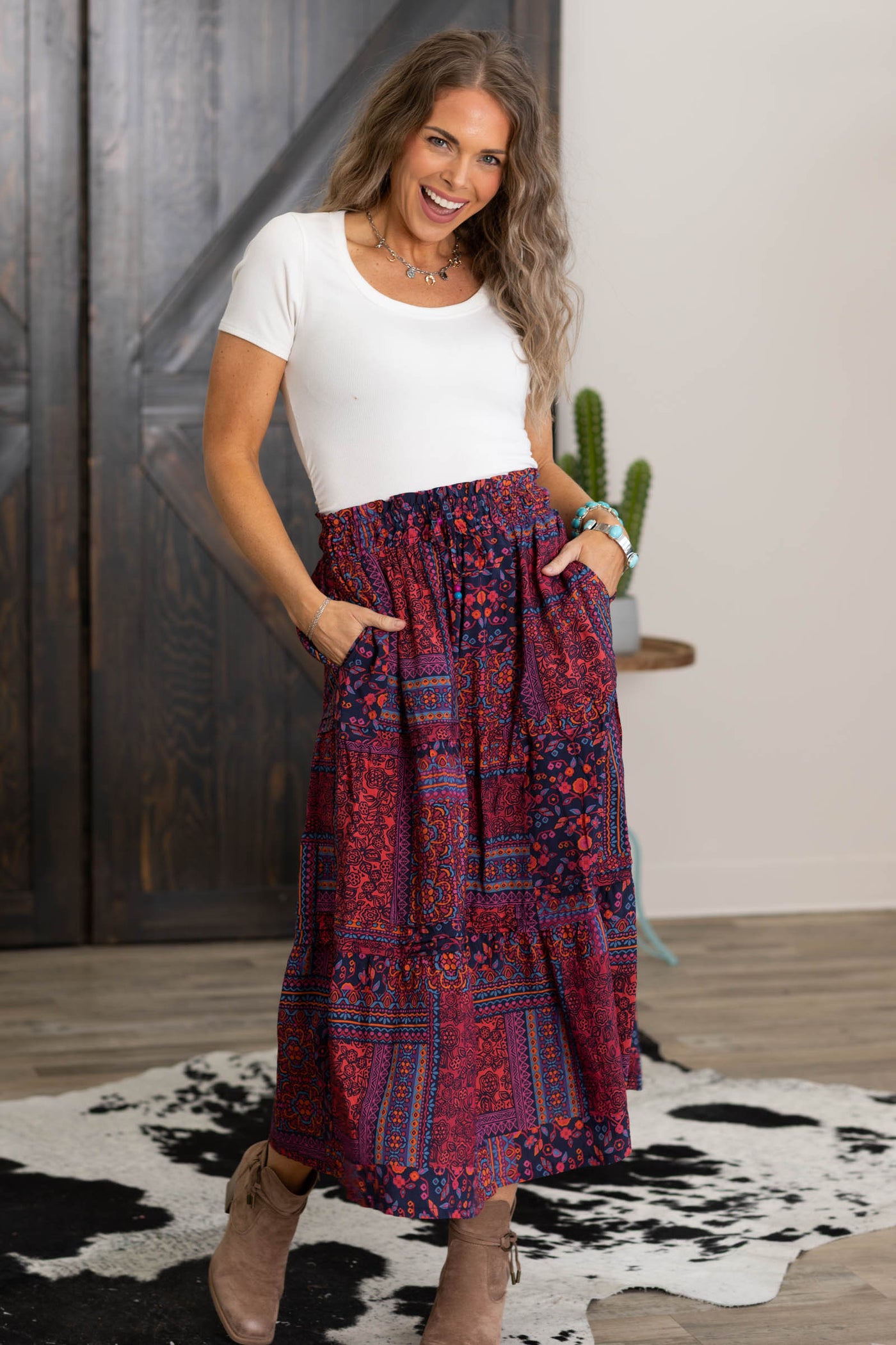 Raspberry Paisley Patchwork Print Midi Skirt