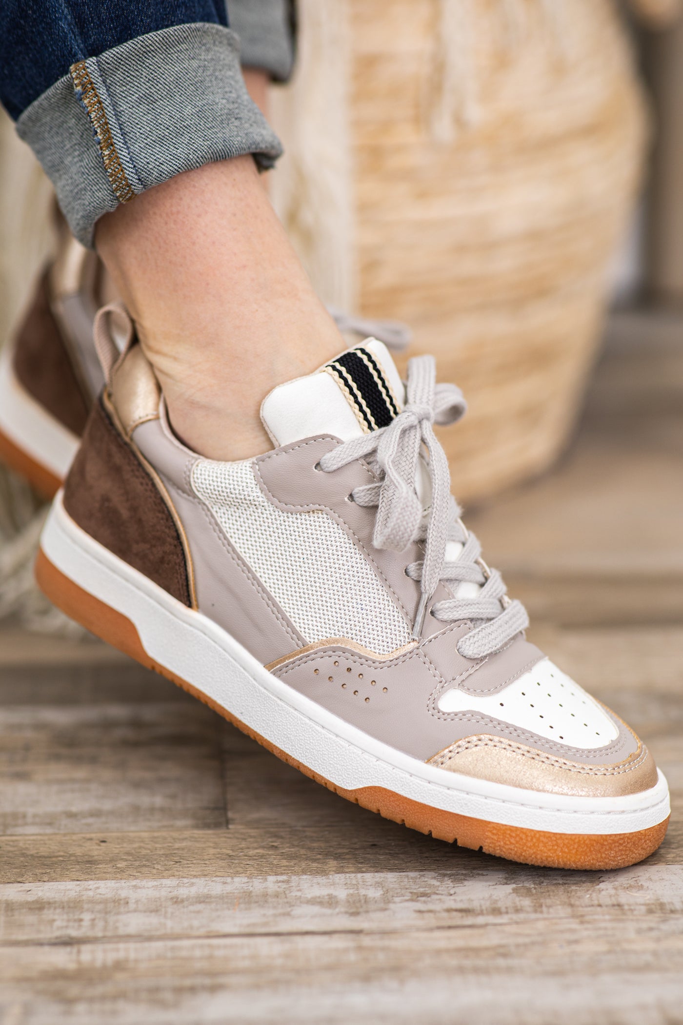 Light Mocha Suede and Faux Leather Sneakers