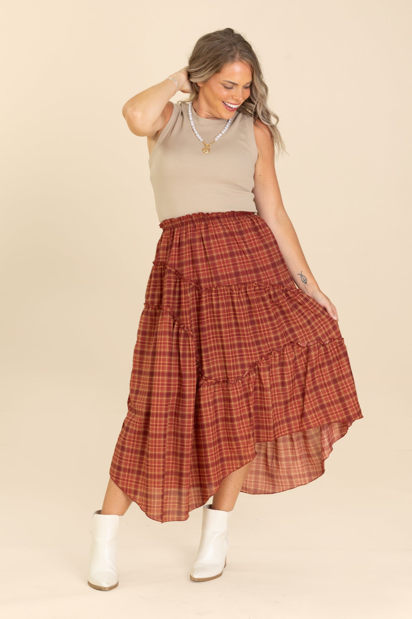 Maroon Plaid Ruffle Detail Midi Skirt