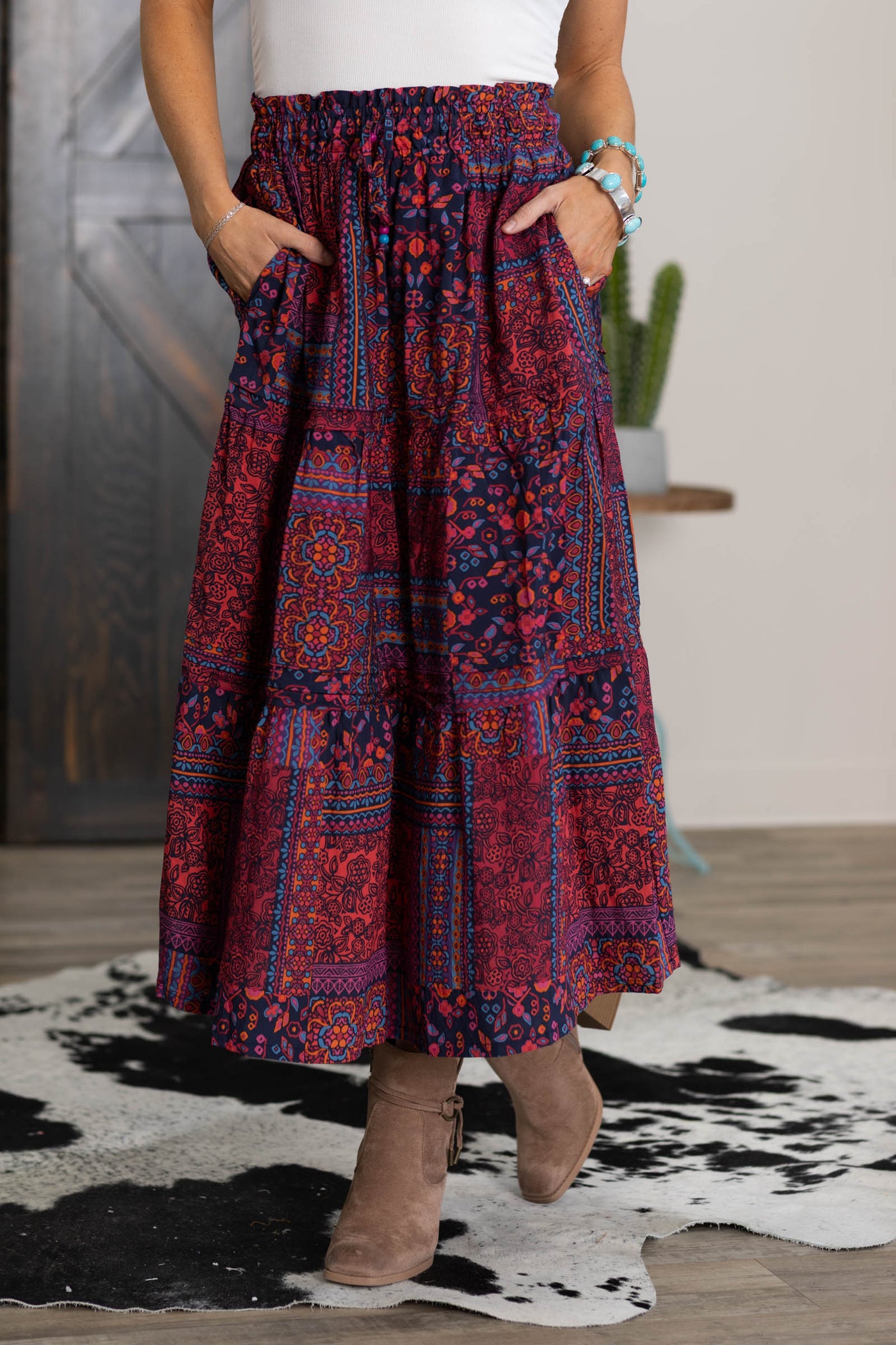 Raspberry Paisley Patchwork Print Midi Skirt